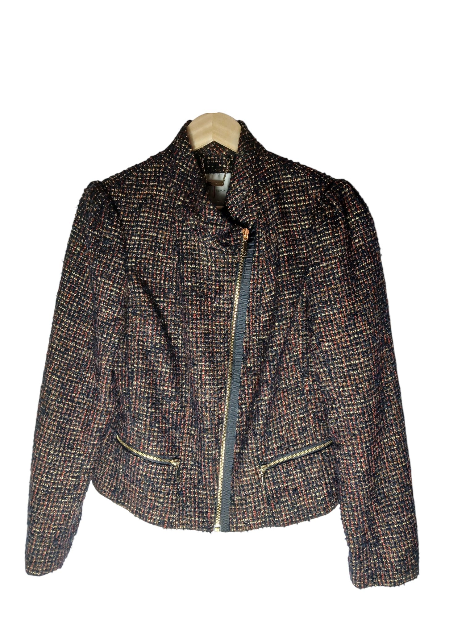 Department Store UK pre-loved Jasper Conran multicolour textured bouclé jacket with a structured zip-front design.