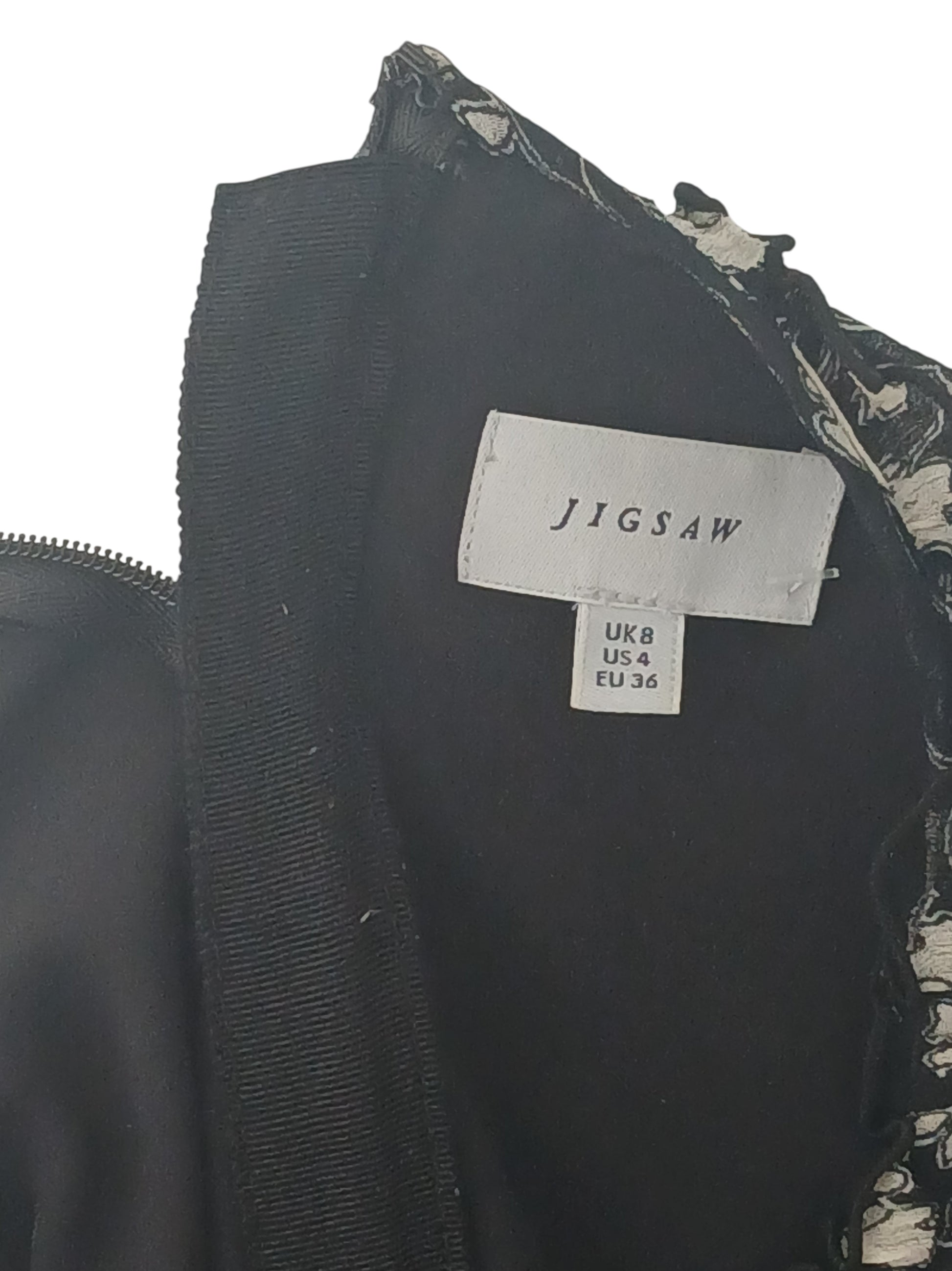Department Store UK Jigsaw dress label showing size 8 in black and white floral print fabric