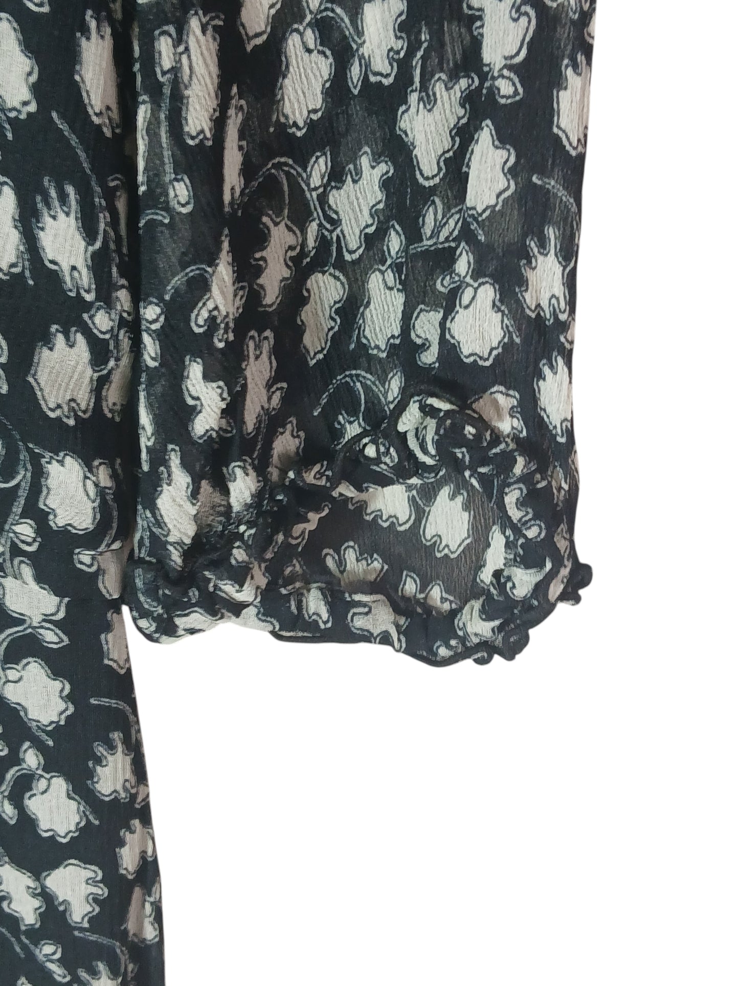 Department Store UK Jigsaw dress in black and white floral print with sheer fabric and ruffled three-quarter sleeves