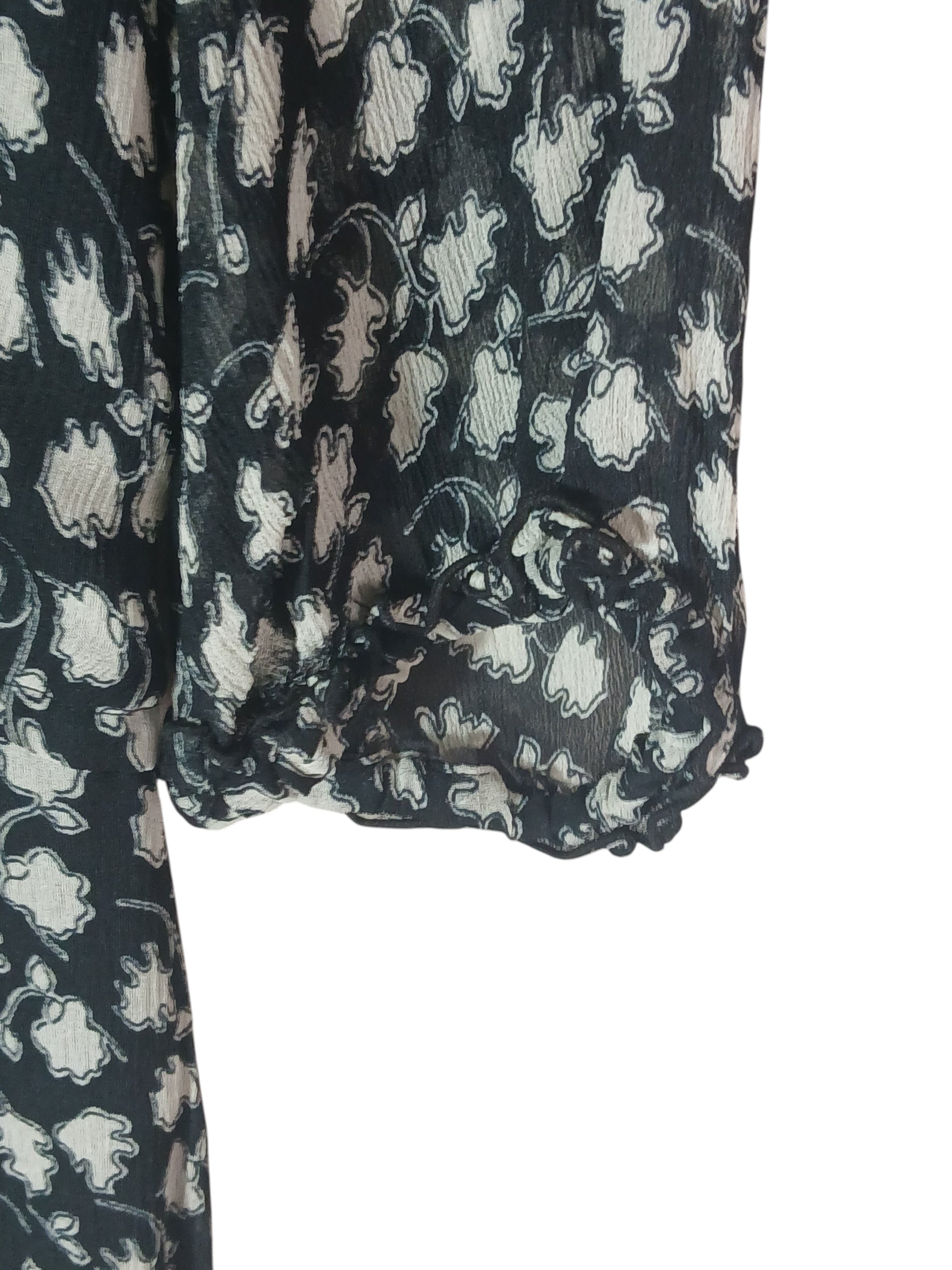 Department Store UK Jigsaw dress in black and white floral print with sheer fabric and ruffled three-quarter sleeves