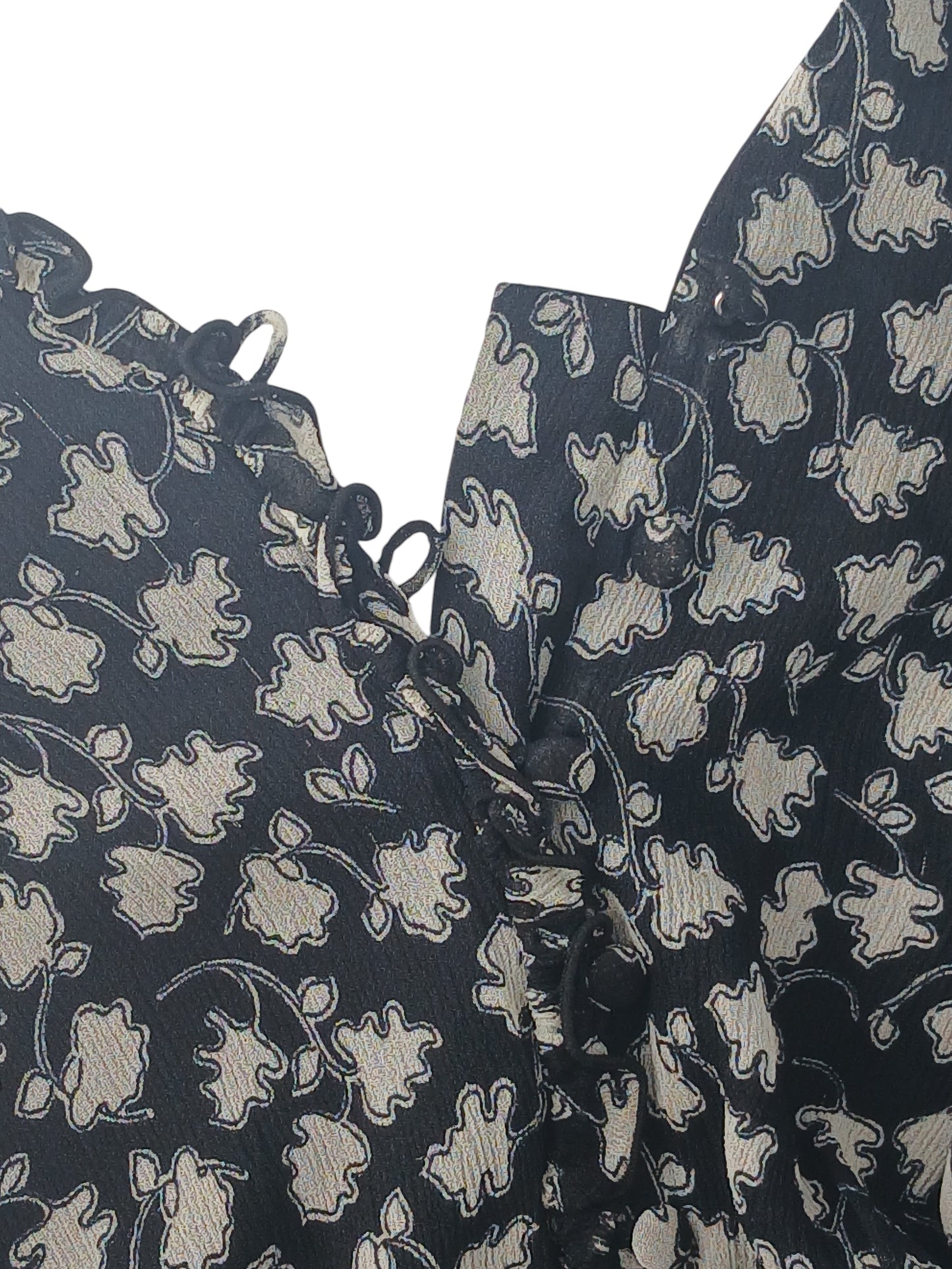Department Store UK Jigsaw dress in black with a cream floral pattern, featuring a button-down front and ruffled trim.