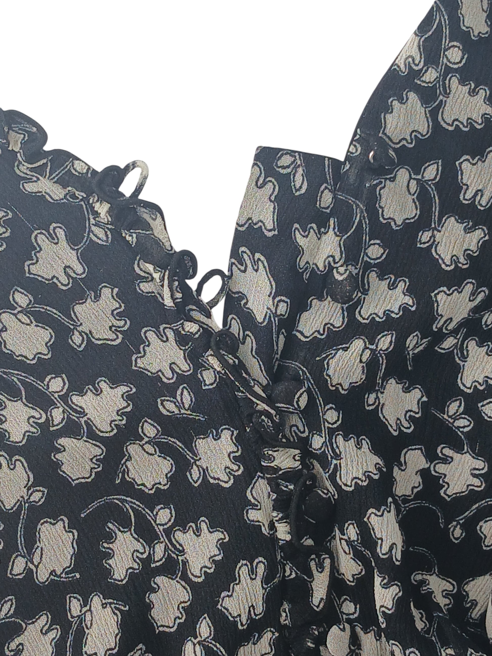Department Store UK Jigsaw dress in black with a cream floral pattern, featuring a button-down front and ruffled trim.