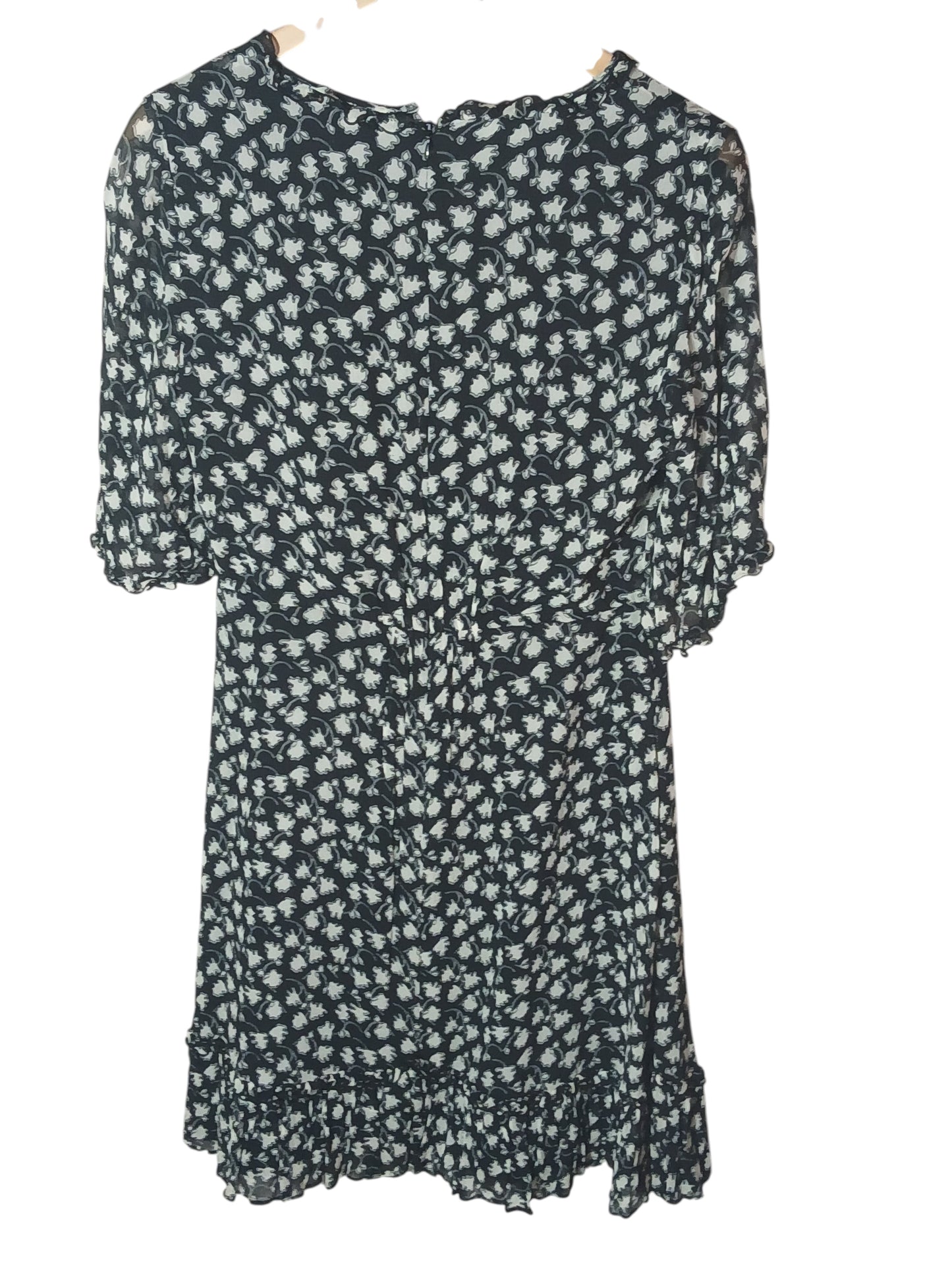 Department Store UK Jigsaw dress in black and white floral print with short sleeves and a ruffled hem