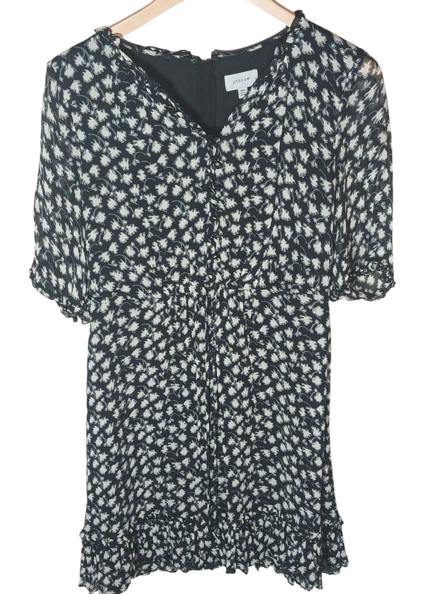 Department Store UK Jigsaw black and white floral print dress with v-neck and short sleeves