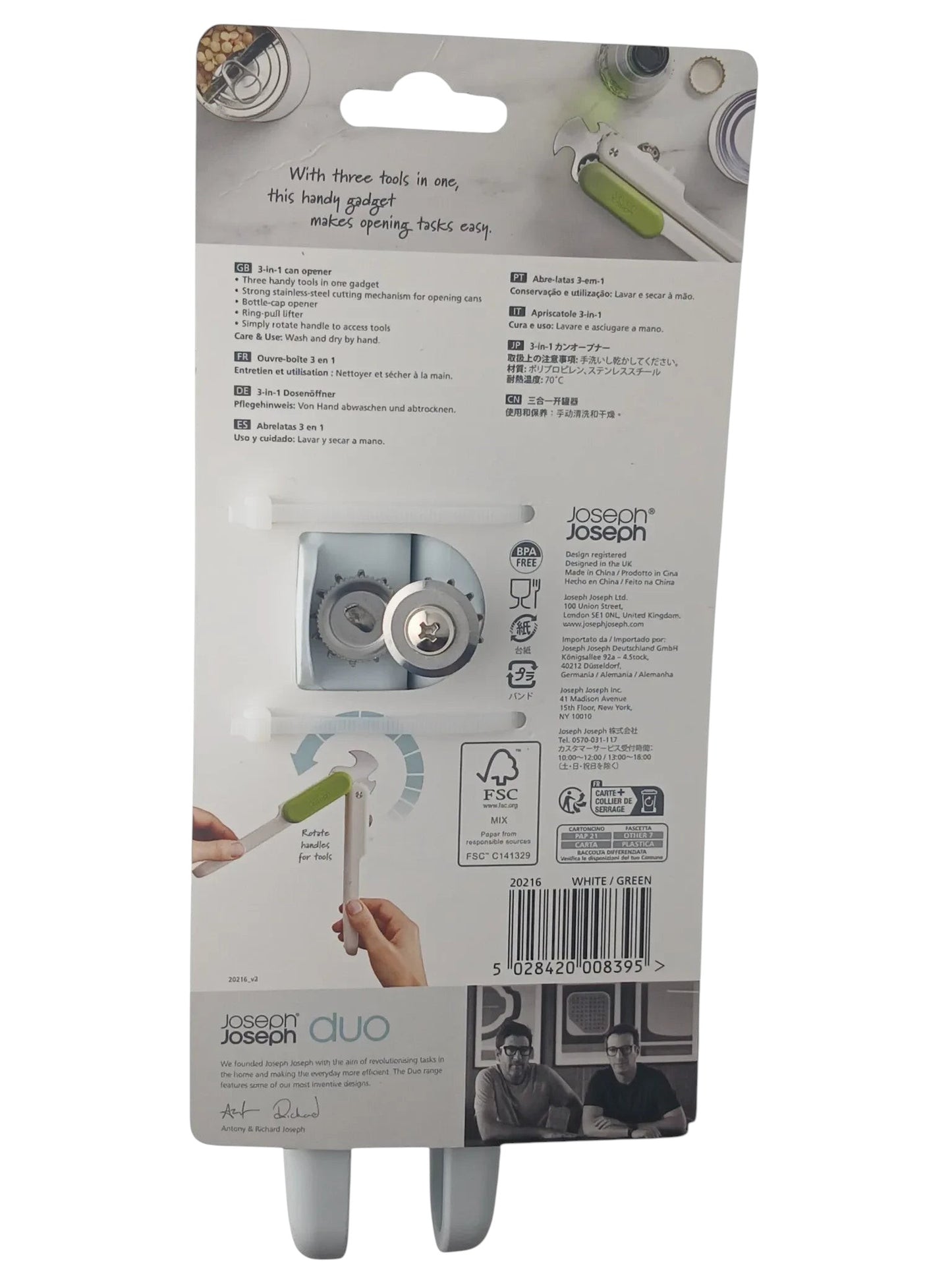 Department Store UK Joseph Joseph Duo 3-in-1 can opener packaging showing features and instructions in white and green