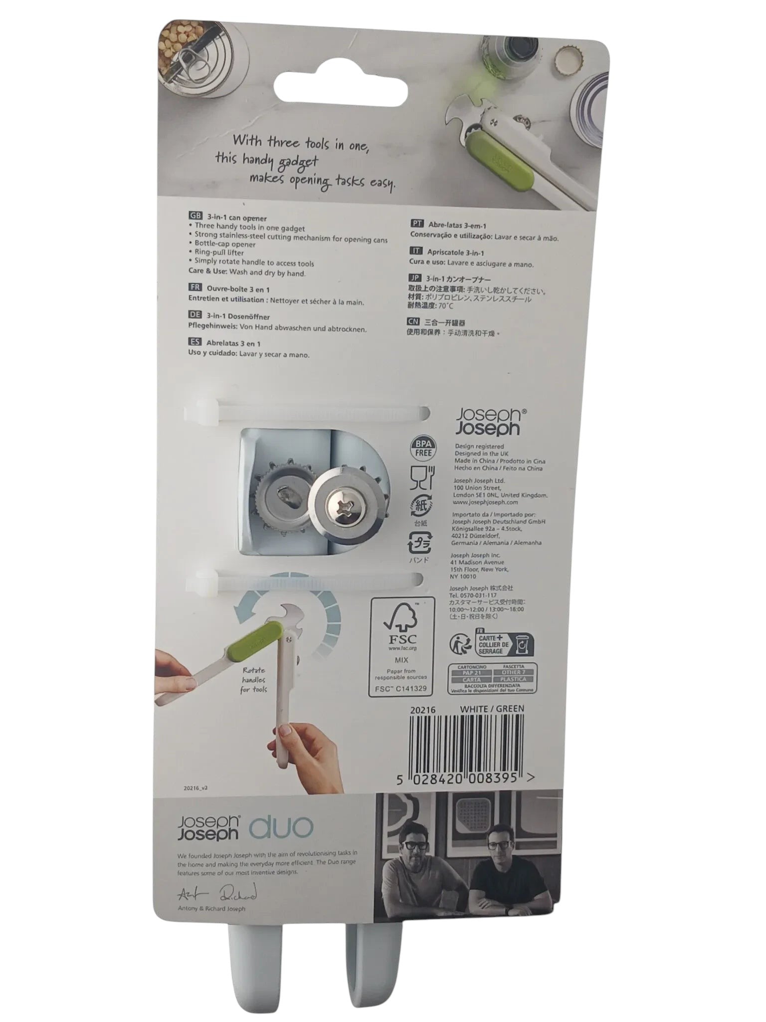 Department Store UK Joseph Joseph Duo 3-in-1 can opener packaging showing features and instructions in white and green