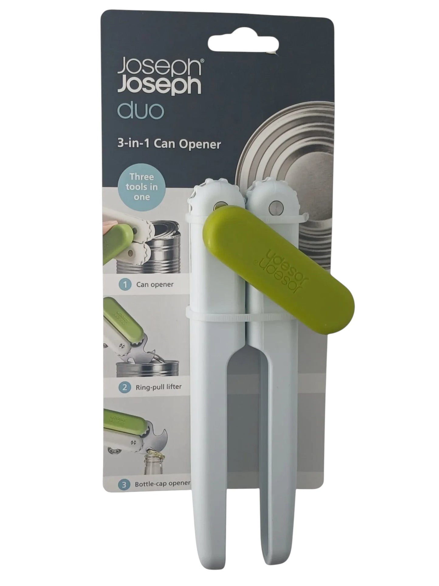 Department Store UK Joseph Joseph Duo 3-in-1 white and green can opener with ring-pull and bottle-cap tool on card