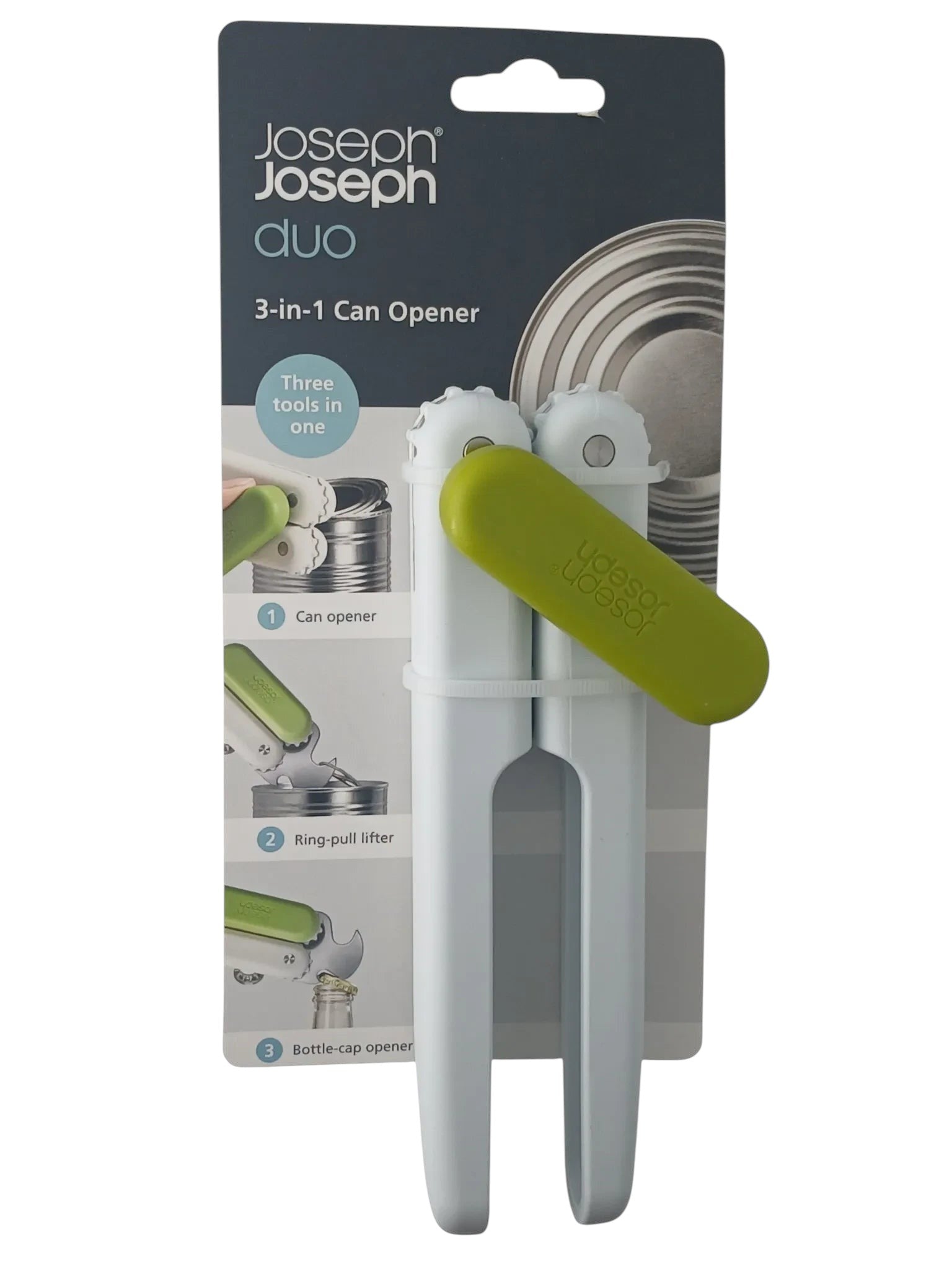 Department Store UK Joseph Joseph Duo 3-in-1 white and green can opener with ring-pull and bottle-cap tool on card