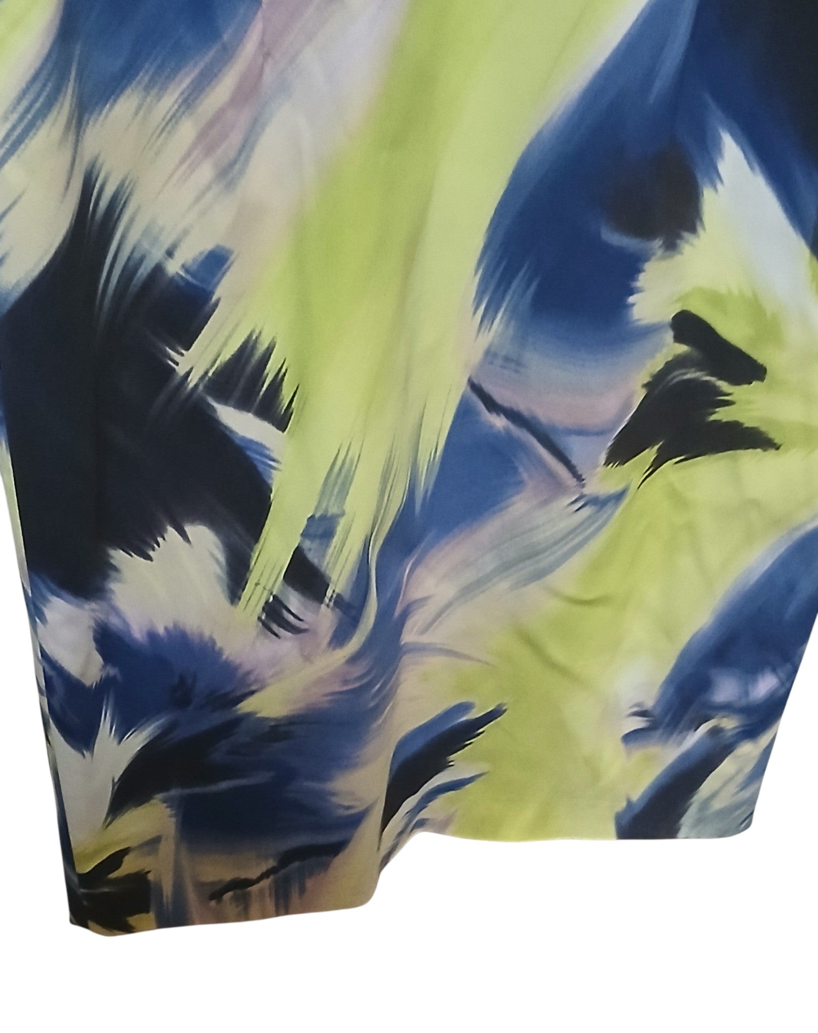 Department Store UK Karen Millen sleeveless dress featuring a vibrant abstract brushstroke print in lime, navy, and violet