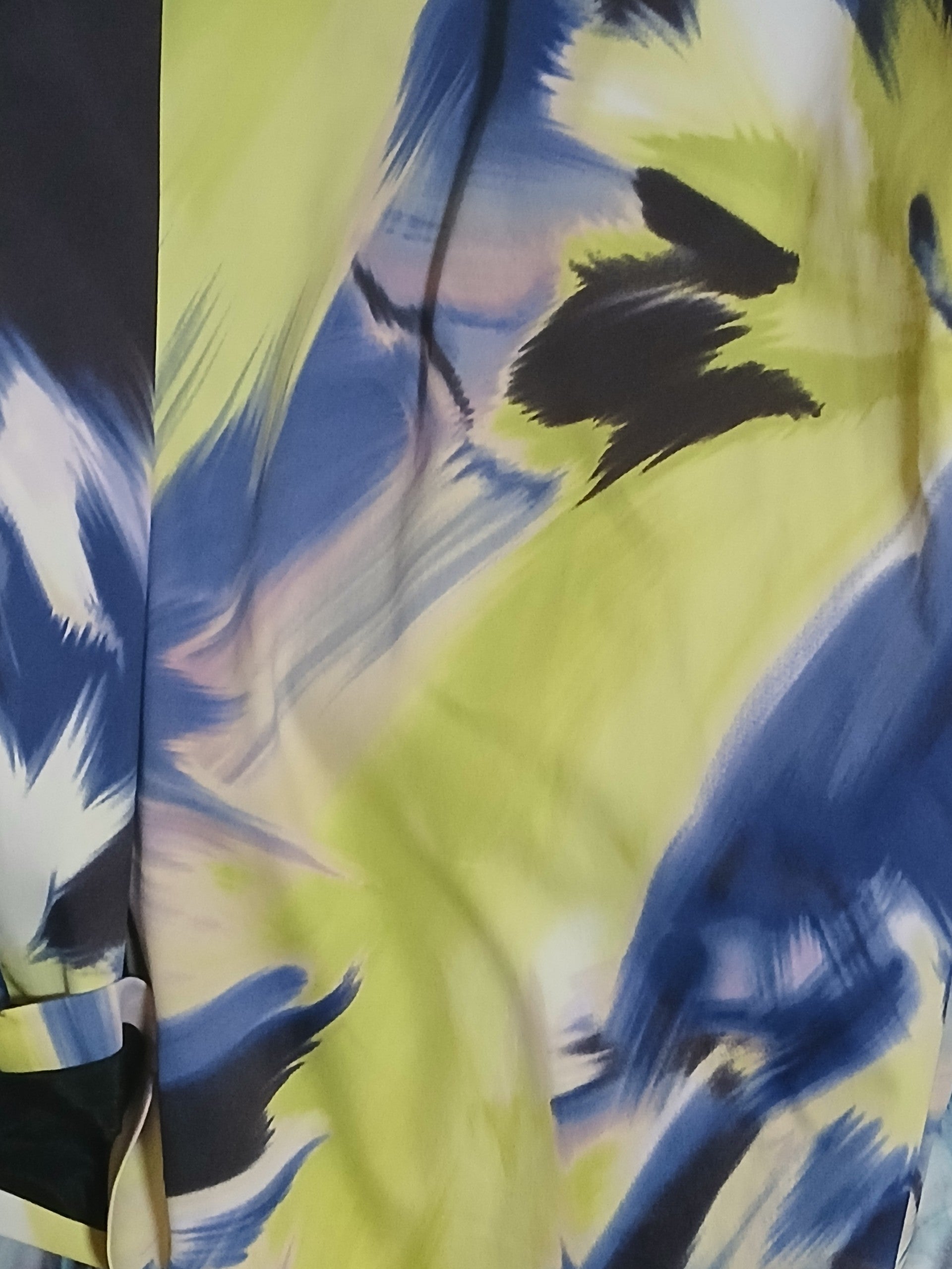 Department Store UK Karen Millen dress fabric with abstract brushstroke print in electric lime, navy, and soft violet.