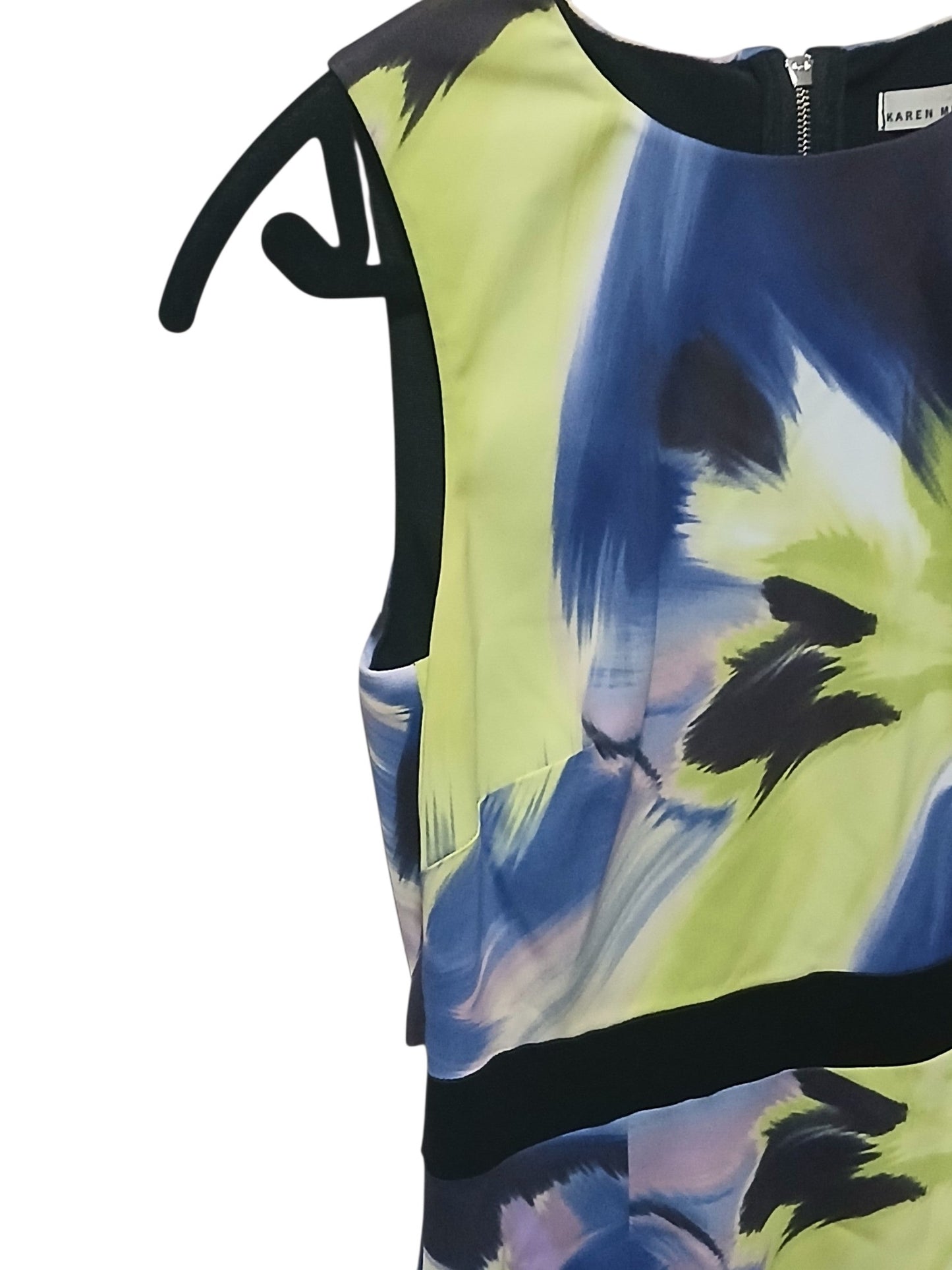 Department Store UK Karen Millen sleeveless pencil dress with abstract lime, navy, and violet brushstroke print