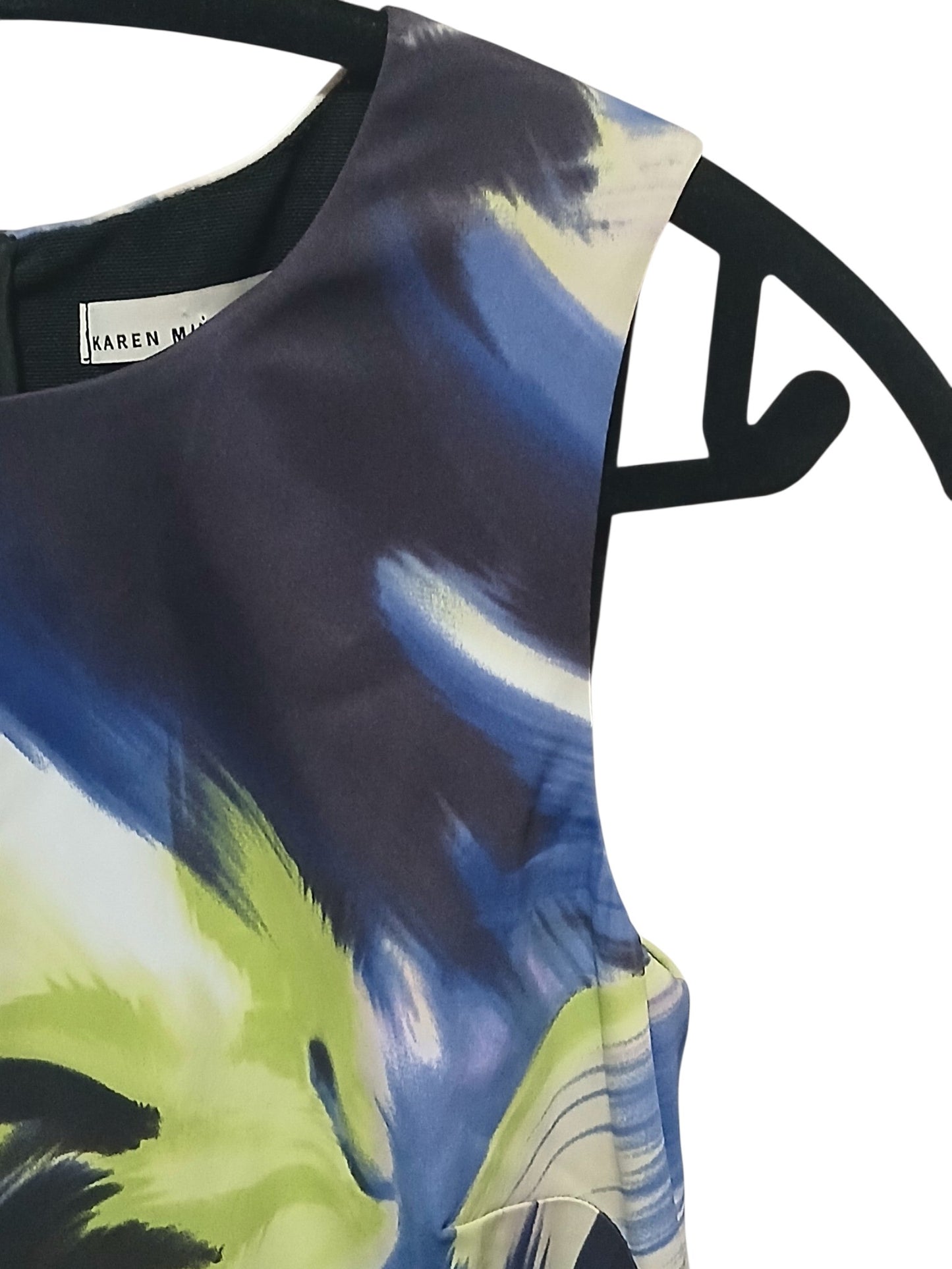 Department Store UK Karen Millen sleeveless pencil dress with abstract brushstroke print in lime, navy, and violet.