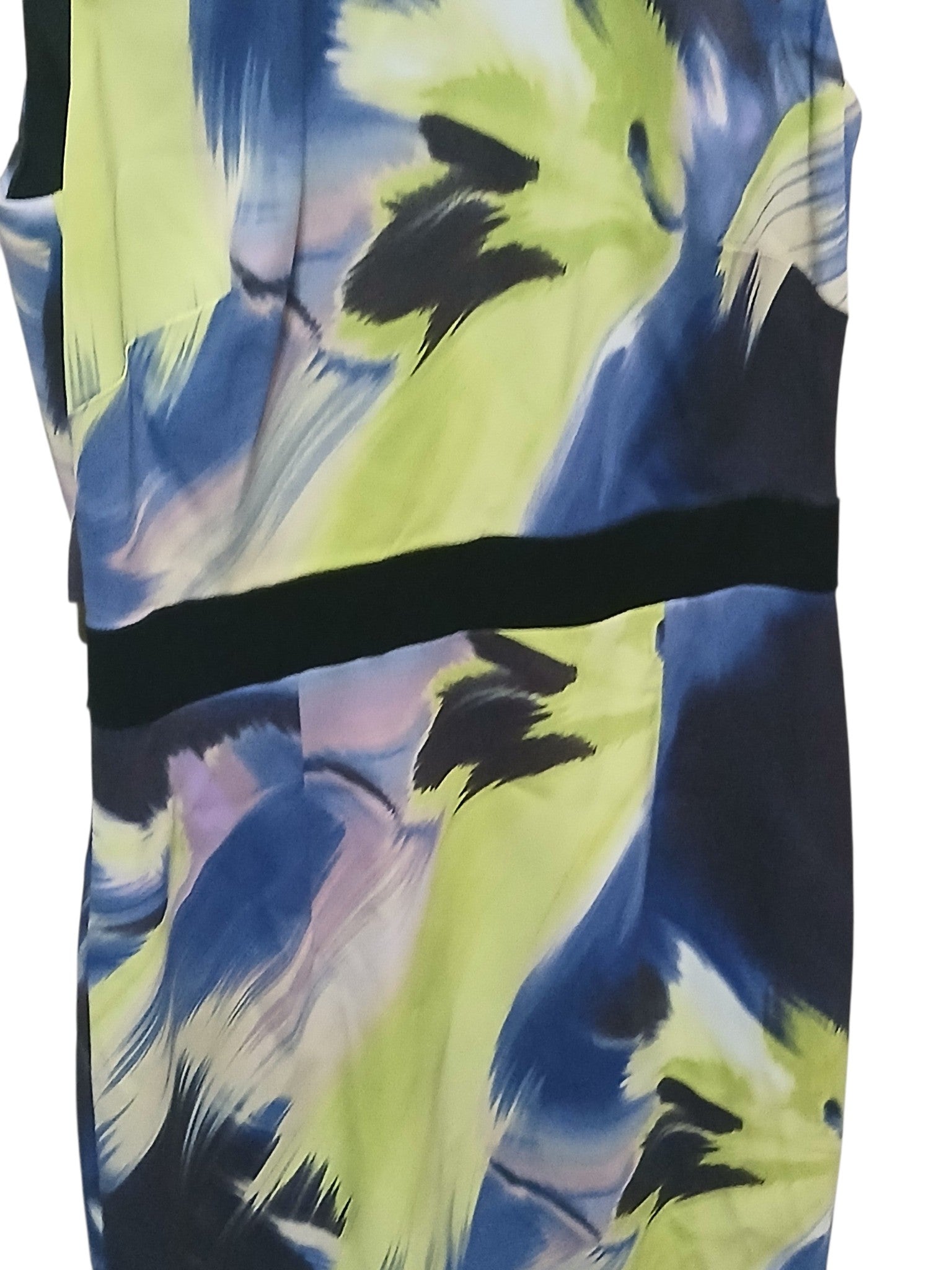 Department Store UK Karen Millen sleeveless pencil dress with abstract lime, navy, and violet brushstroke print