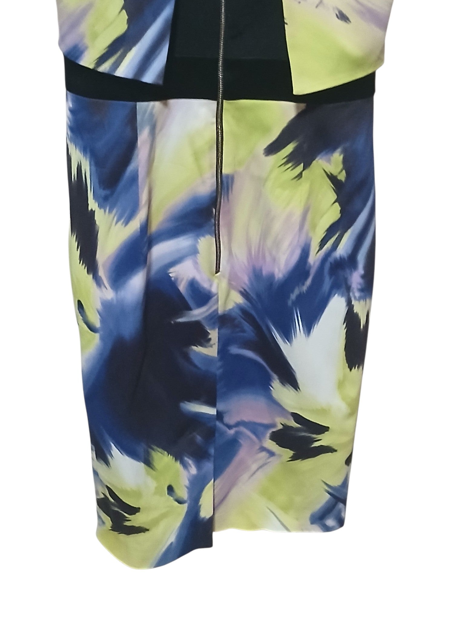 Department Store UK Karen Millen pencil dress featuring an abstract brushstroke print with a black waistband and back zip