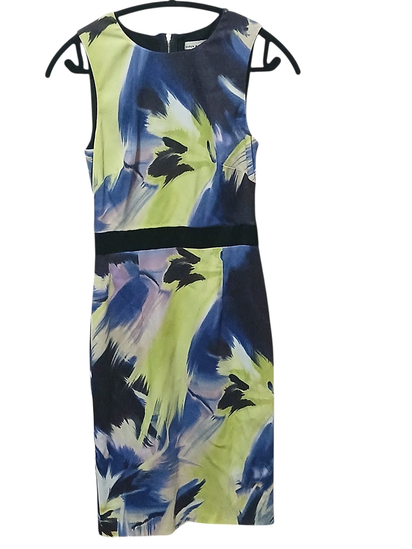 Department Store UK Karen Millen sleeveless pencil dress with abstract lime, navy, and violet brushstroke print.