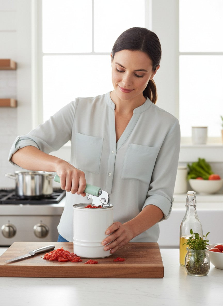 Department Store UK KitchenAid green multi-function can opener being used by a woman in a bright kitchen