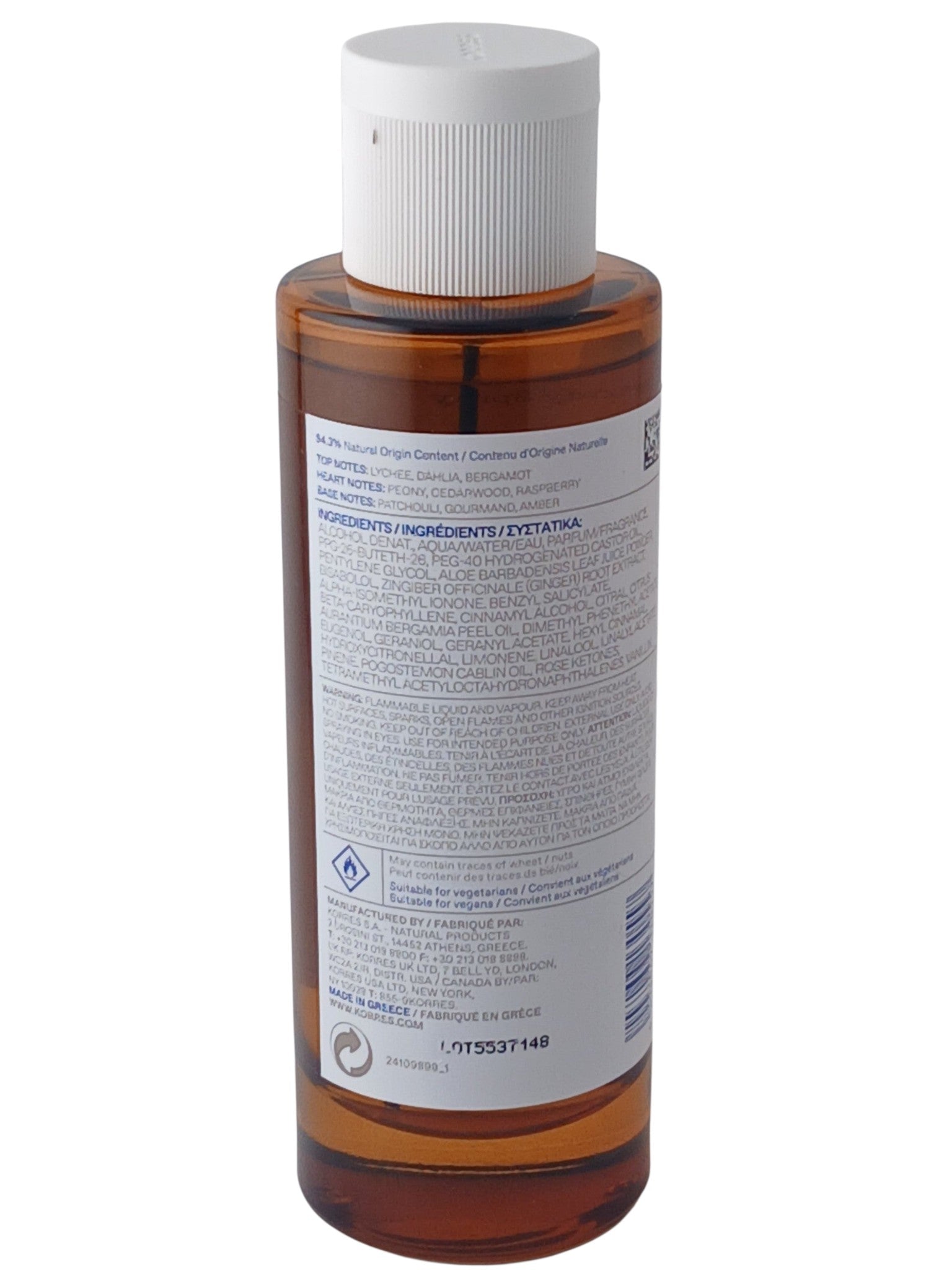 Department Store UK KORRES Midnight Dahlia body spray bottle showing the ingredient list and product information label