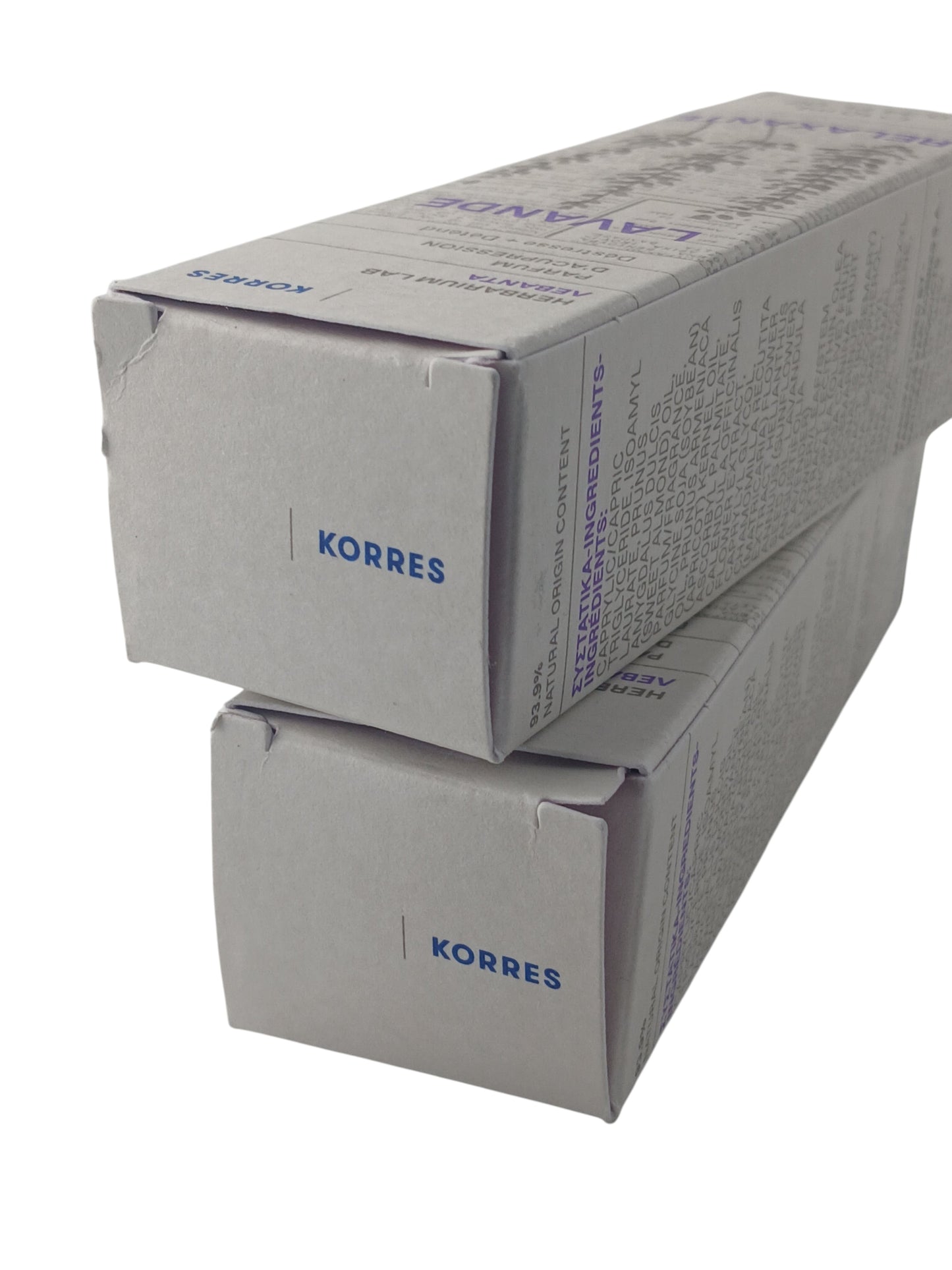 Department Store UK Korres Relaxing Lavender roll-on fragrance twin pack boxes showing ingredient list and branding