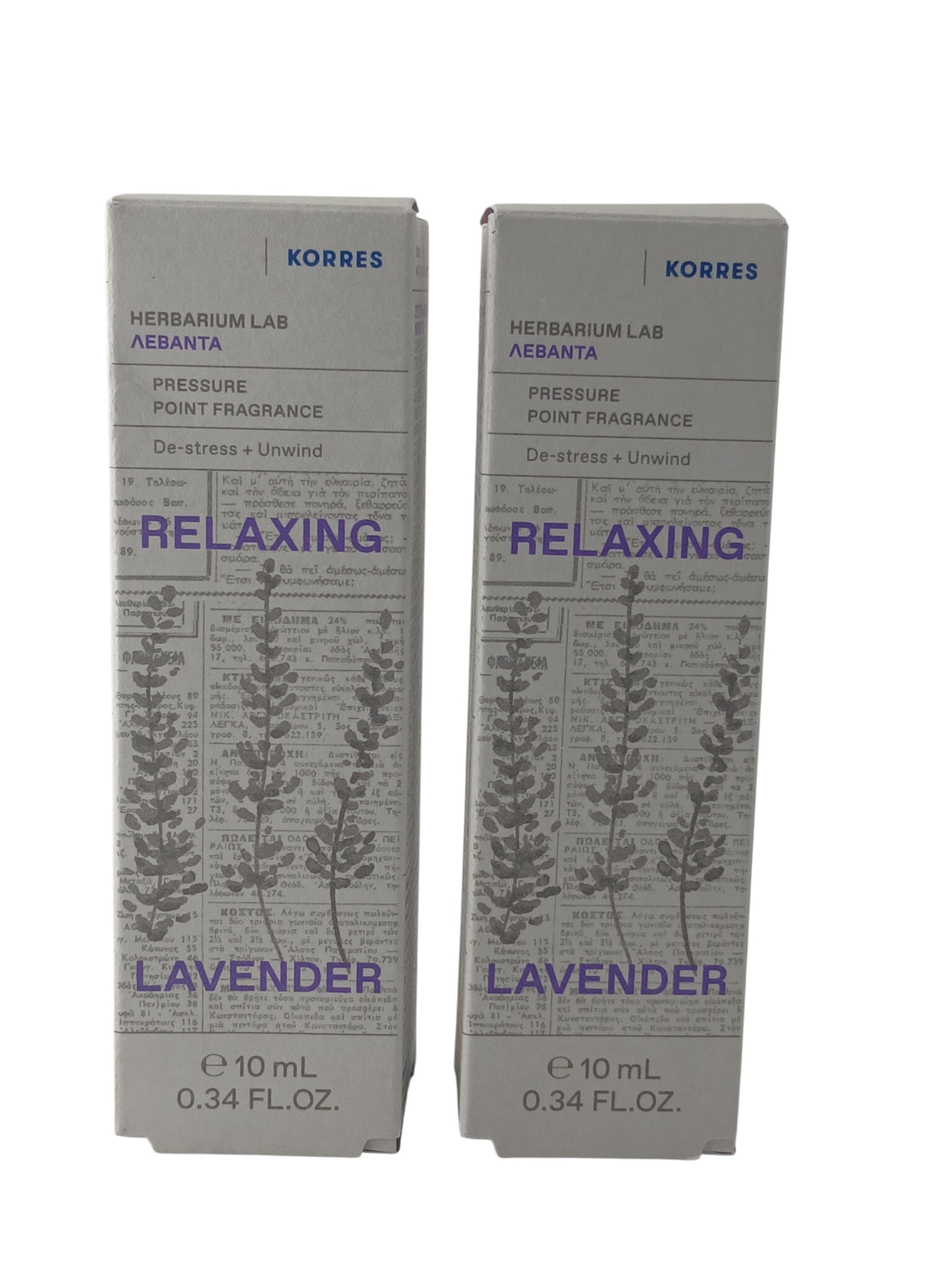Department Store UK Korres Relaxing Lavender pressure point fragrance twin pack in white boxes with botanical print.