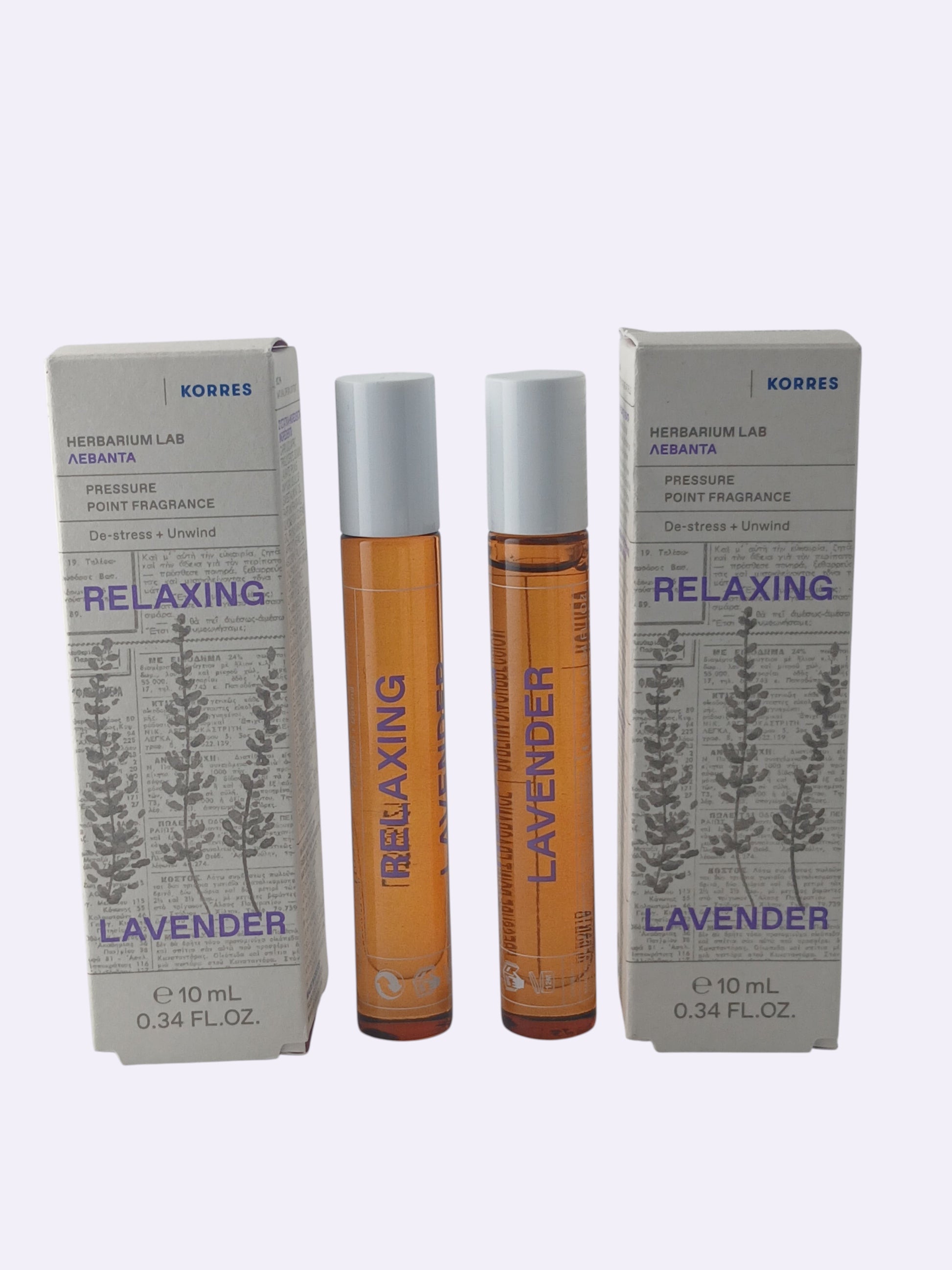 Department Store UK Korres Relaxing Lavender roll-on fragrance twin pack with two 10ml vials and matching boxes.