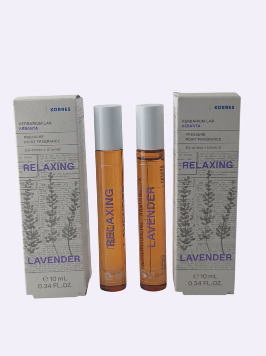 Department Store UK Korres Relaxing Lavender roll-on fragrance twin pack with two 10ml vials and matching boxes.