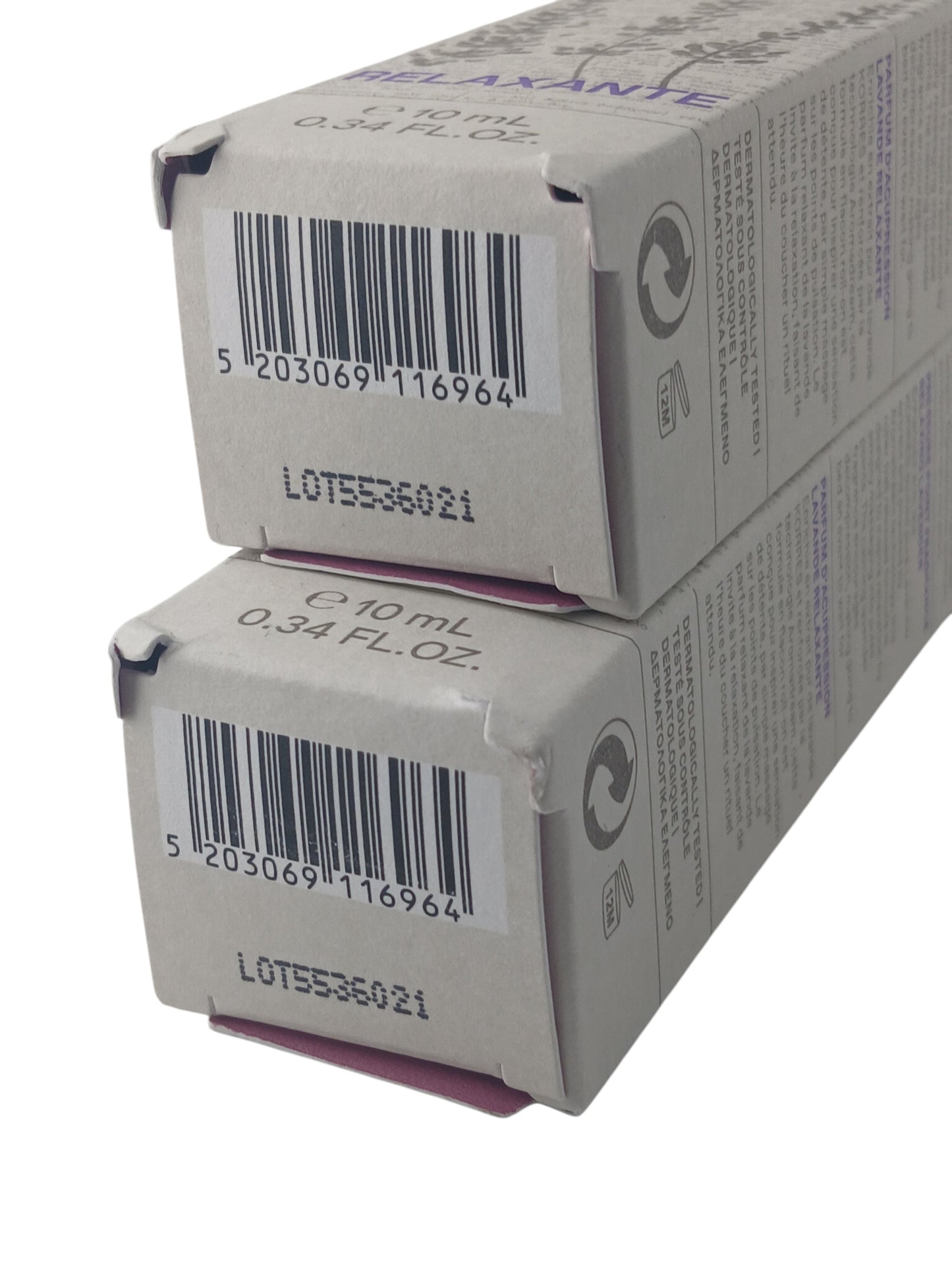 Department Store UK twin pack of Korres Relaxing Lavender roll-on fragrance boxes showing barcodes and 10ml labels.