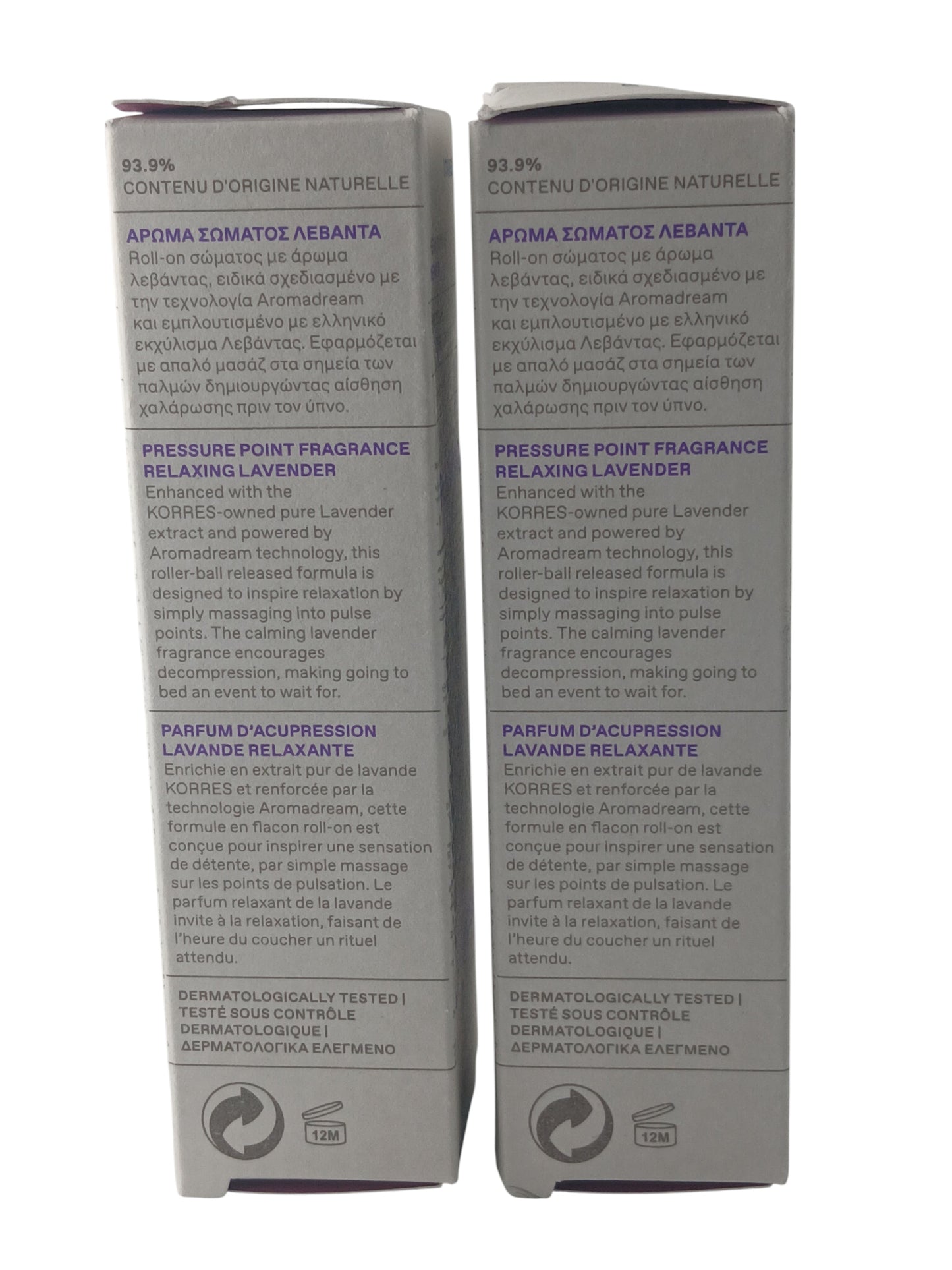 Department Store UK Korres Relaxing Lavender pressure point fragrance twin pack boxes with Greek lavender essential oil