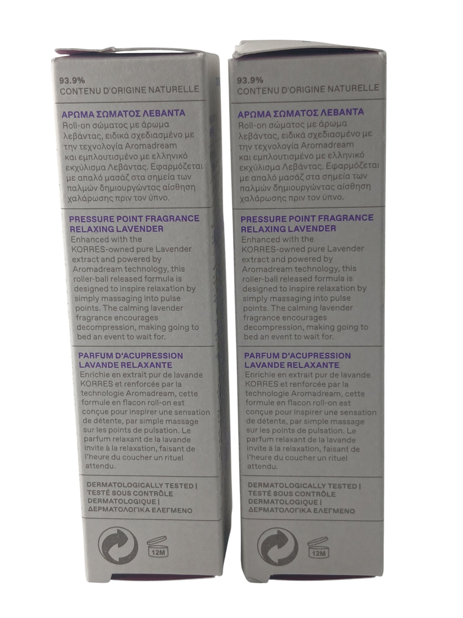 Department Store UK Korres Relaxing Lavender pressure point fragrance twin pack boxes with Greek lavender essential oil