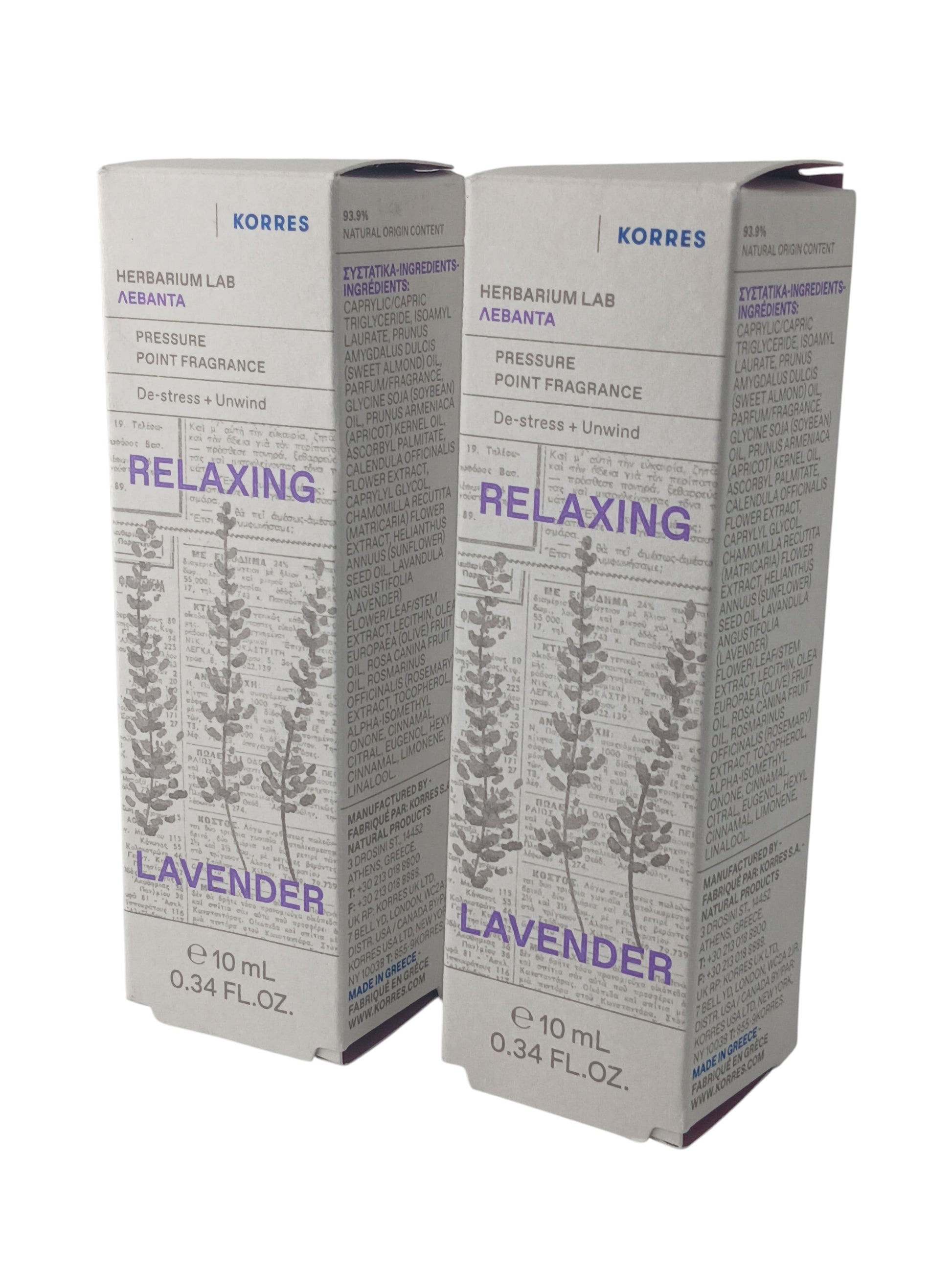 Department Store UK twin pack of Korres Relaxing Lavender pressure point fragrance roll-on vials in white boxes.