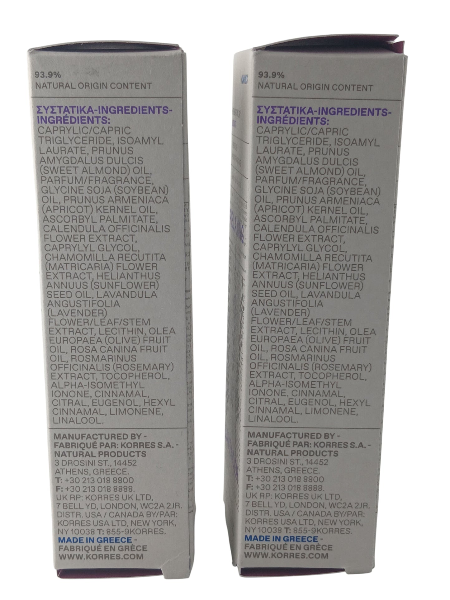 Department Store UK twin pack Korres lavender fragrance ingredient labels on white cardboard packaging