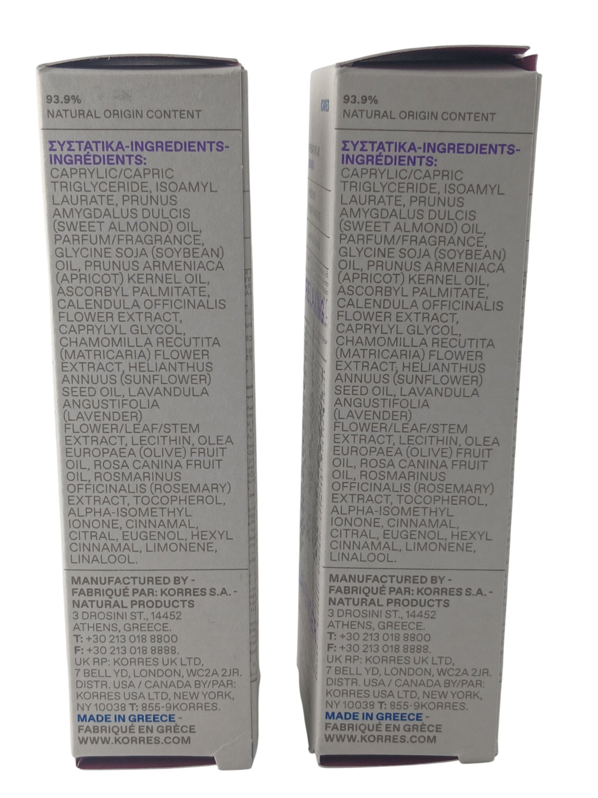 Department Store UK twin pack Korres lavender fragrance ingredient labels on white cardboard packaging