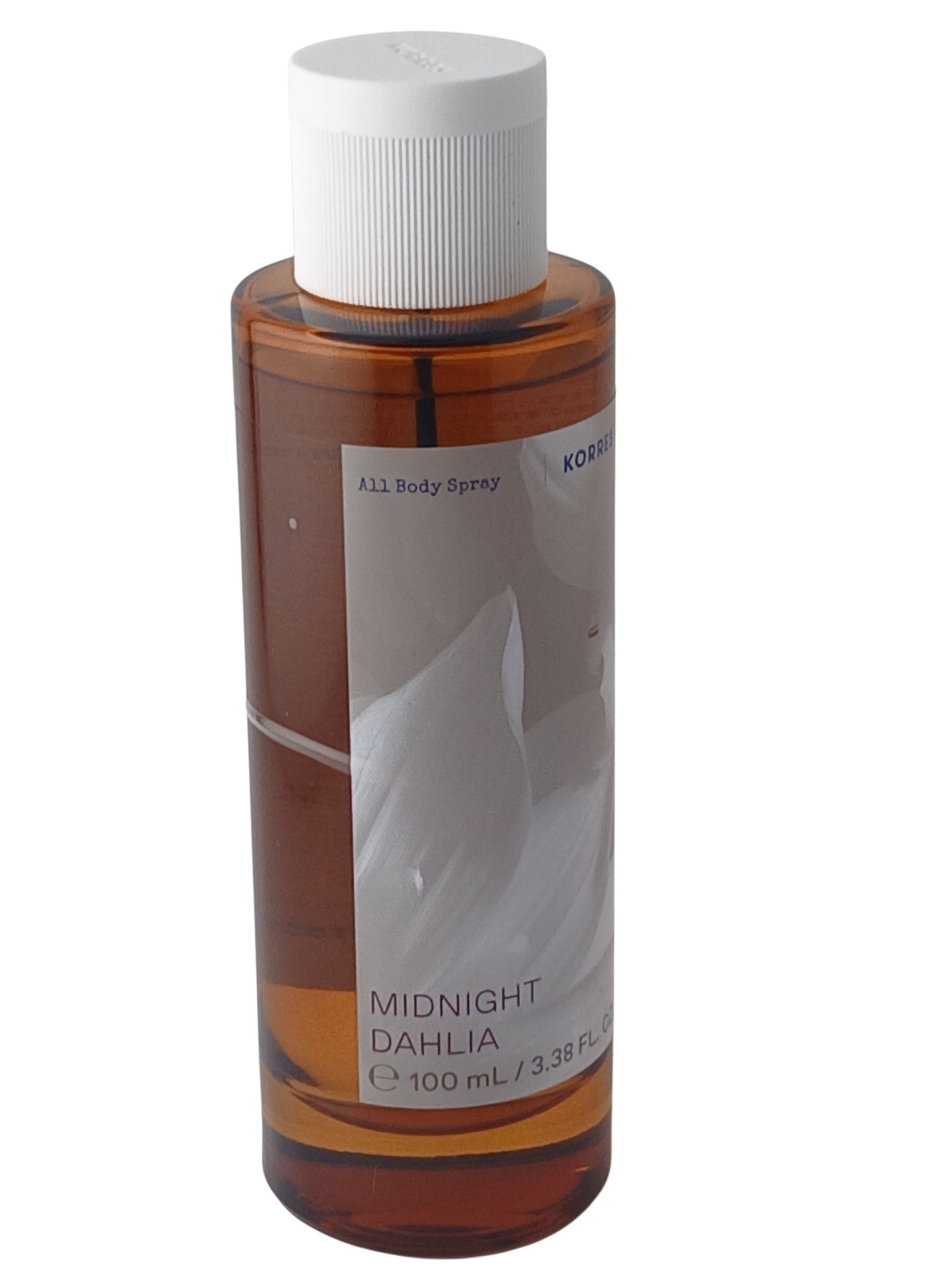 Department Store UK KORRES Midnight Dahlia 100ml body spray in a sleek amber bottle with a white cap.