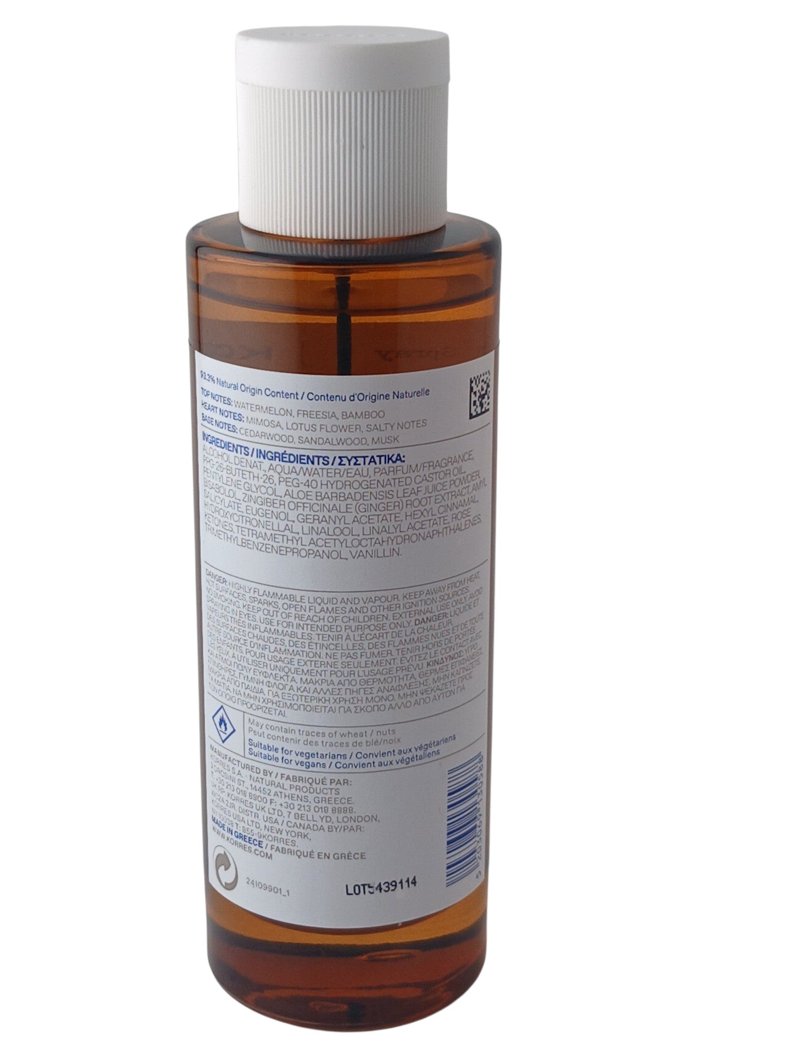 Department Store UK KORRES Sikinos All Body Spray in a 100ml amber bottle showing detailed ingredients and scent notes.