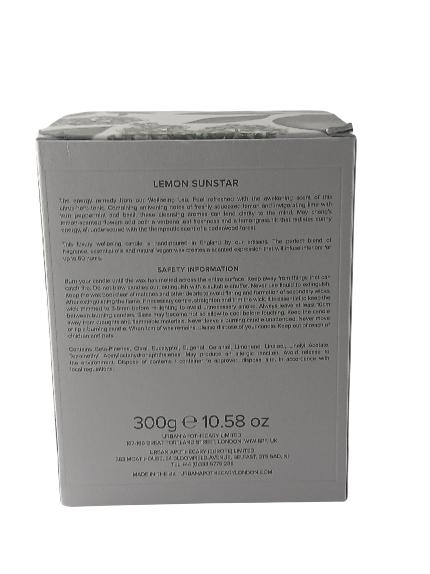 Department Store UK Urban Apothecary Lemon Sunstar candle box back view with product information and safety details