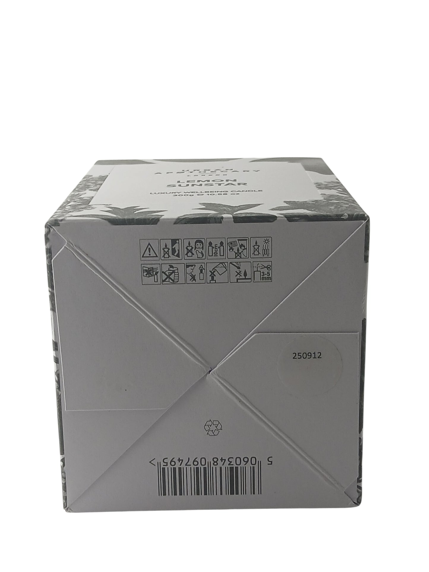 Department Store UK Urban Apothecary Lemon Sunstar candle box base with safety icons and barcode
