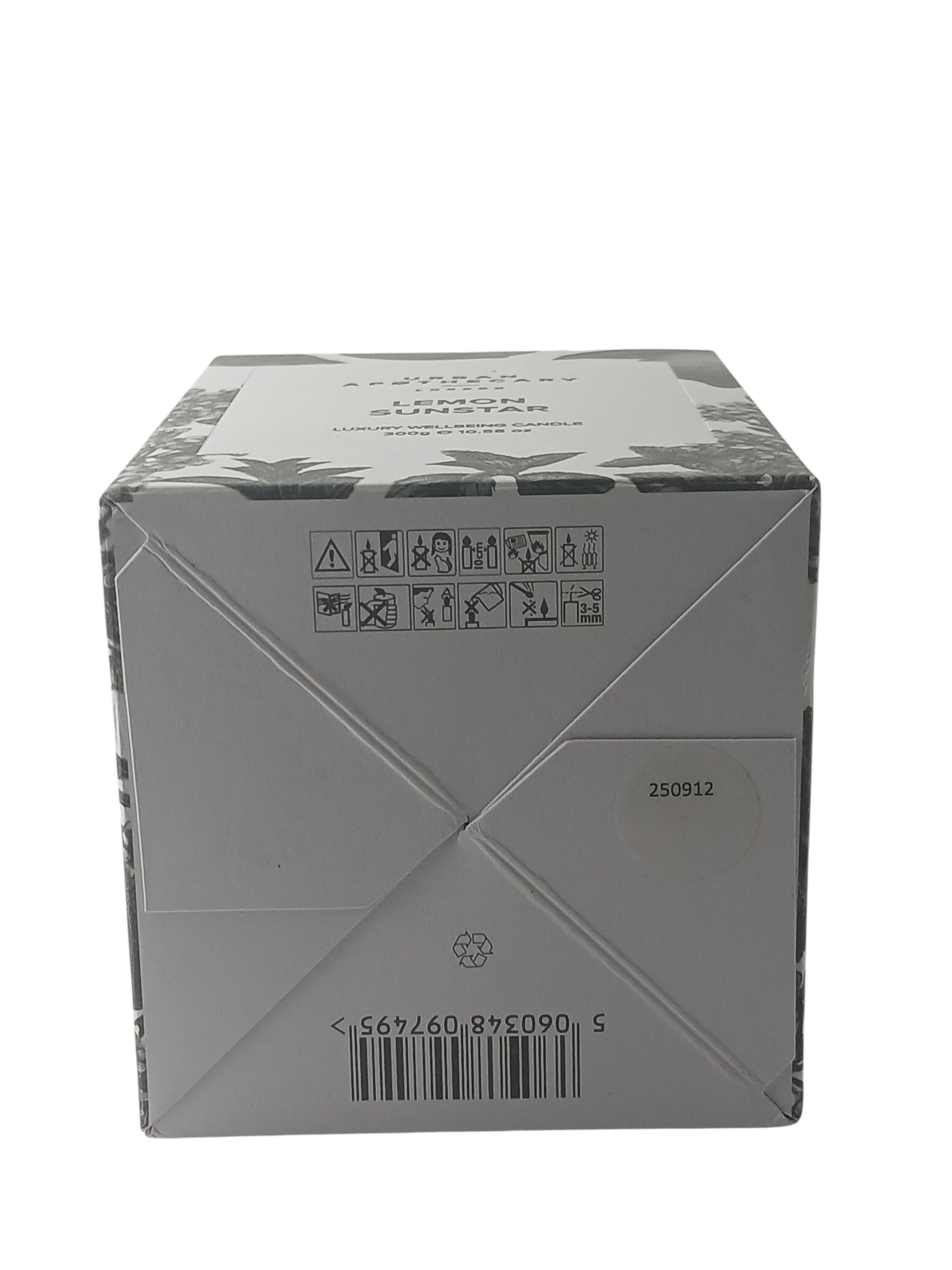 Department Store UK Urban Apothecary Lemon Sunstar candle box base with safety icons and barcode