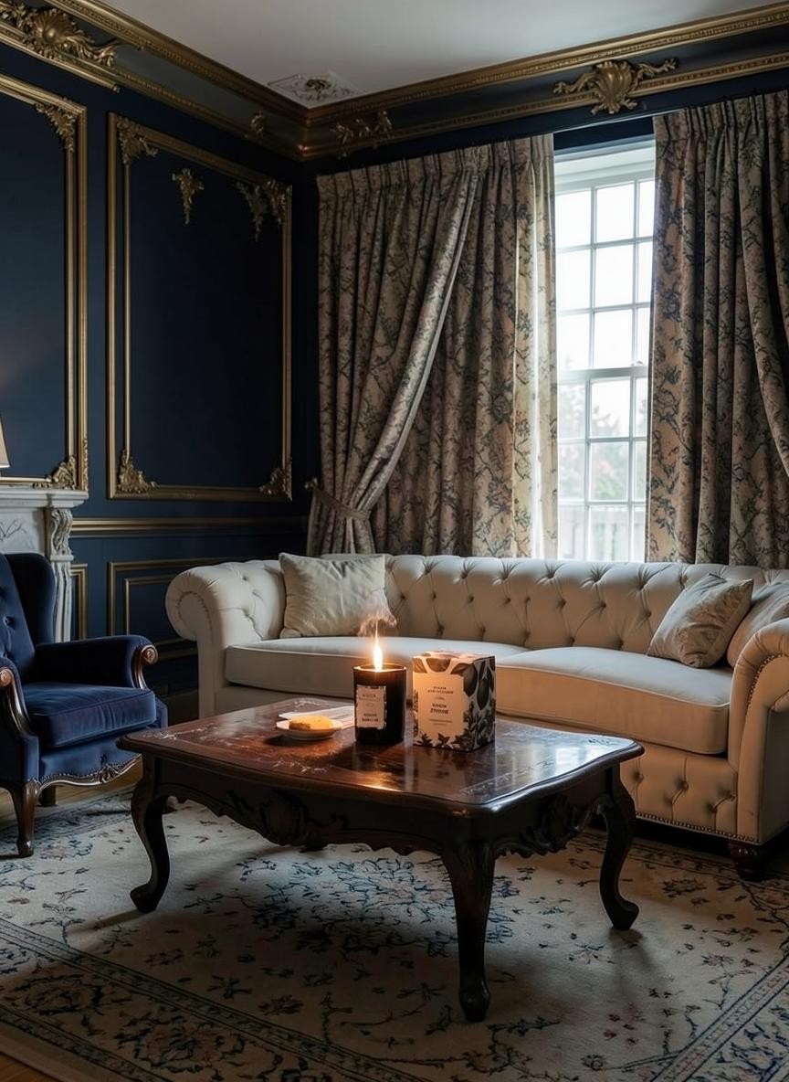 Department Store UK Urban Apothecary Lemon Sunstar scented candle burning on a dark wooden coffee table in a luxury room