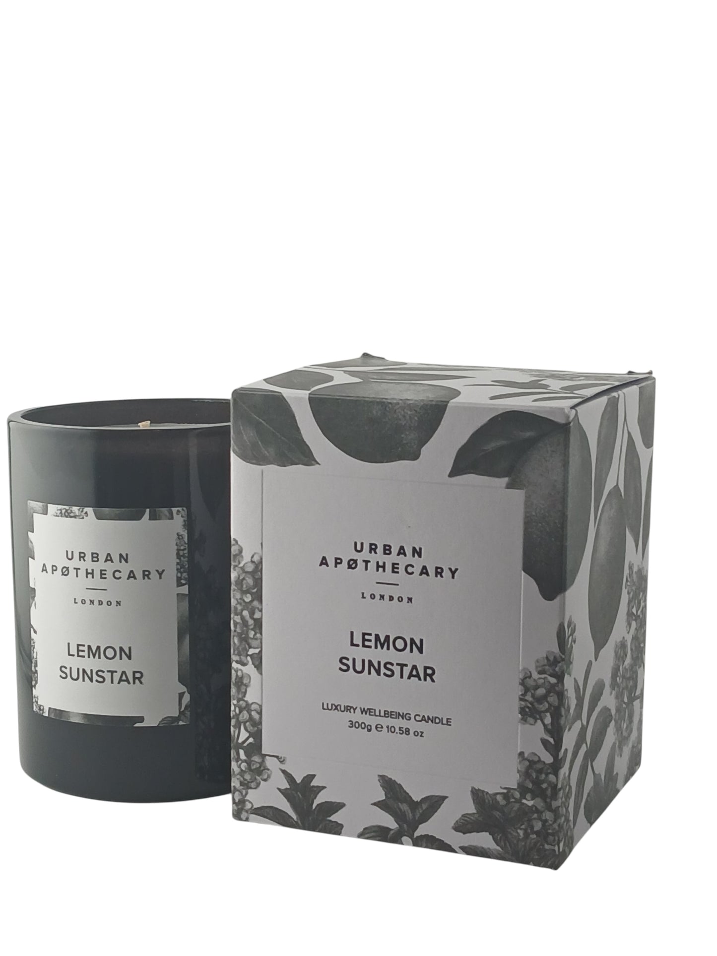 Department Store UK Urban Apothecary Lemon Sunstar luxury scented candle in a black glass jar with matching gift box.
