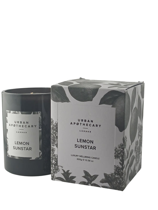 Department Store UK Urban Apothecary Lemon Sunstar luxury scented candle in a black glass jar with matching gift box.