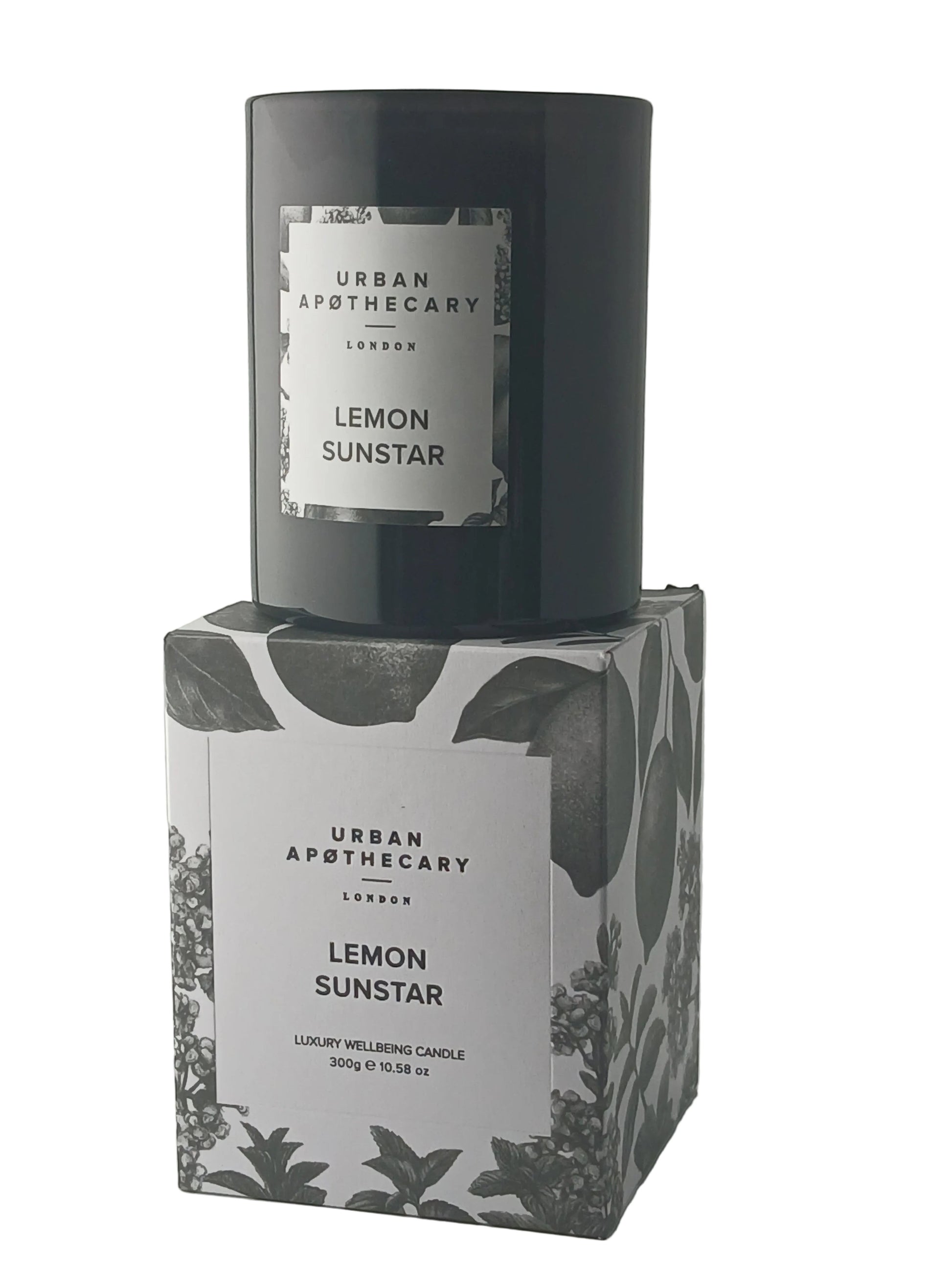 Department Store UK Urban Apothecary Lemon Sunstar luxury scented candle in a black glass jar with matching box.