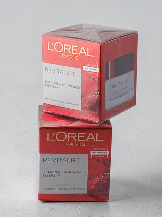 Department Store UK L'ORÉAL PARIS Revitalift Pro-Retinol anti-wrinkle eye cream boxes in red and white packaging.