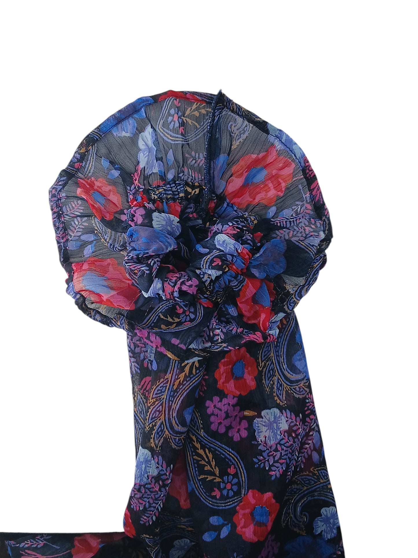 Department Store UK Mantaray floral dress in sheer blue and red chiffon with a ruffled neckline detail