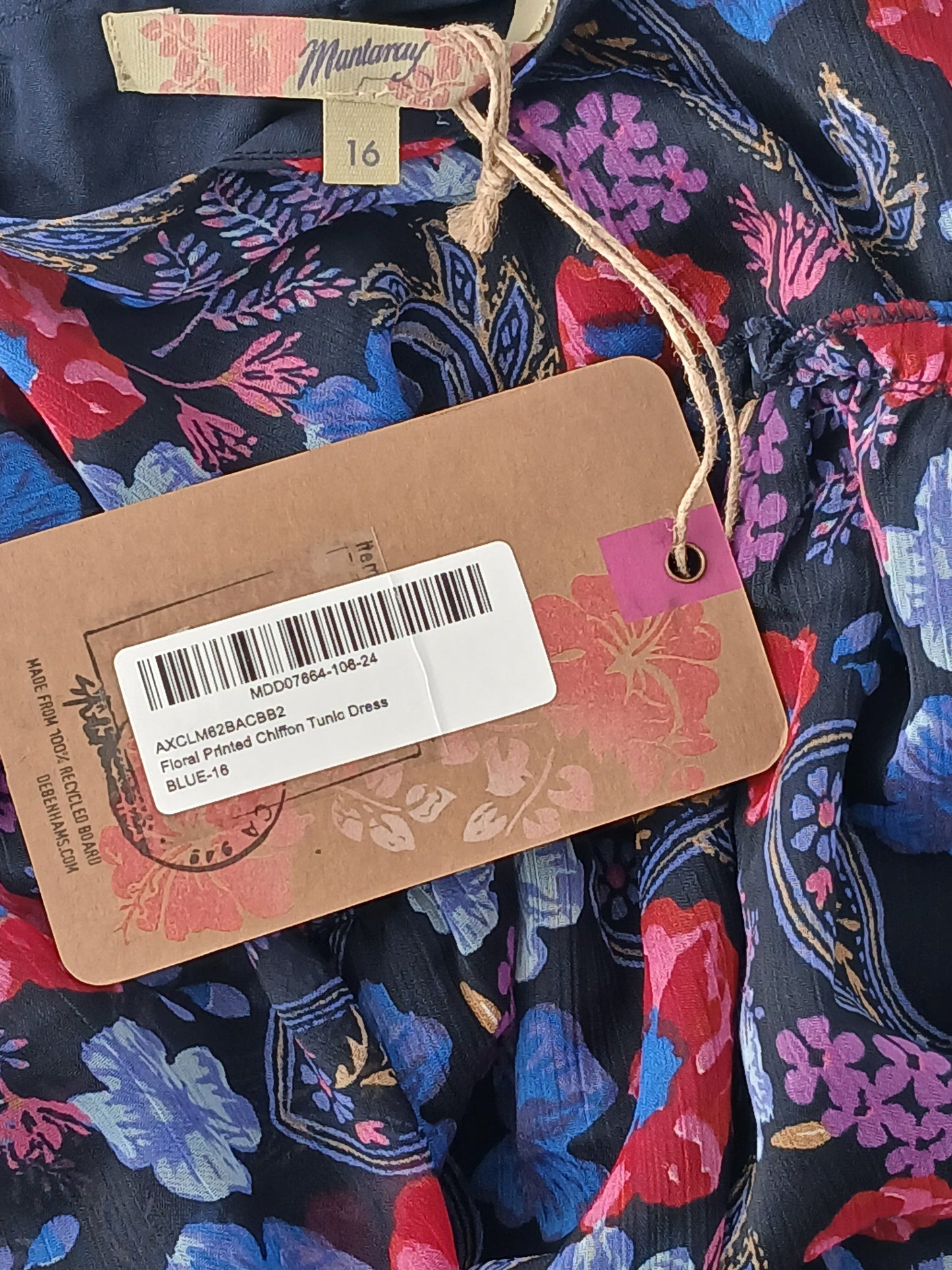 Department Store UK Mantaray floral printed chiffon tunic dress in navy blue with pink and purple accents