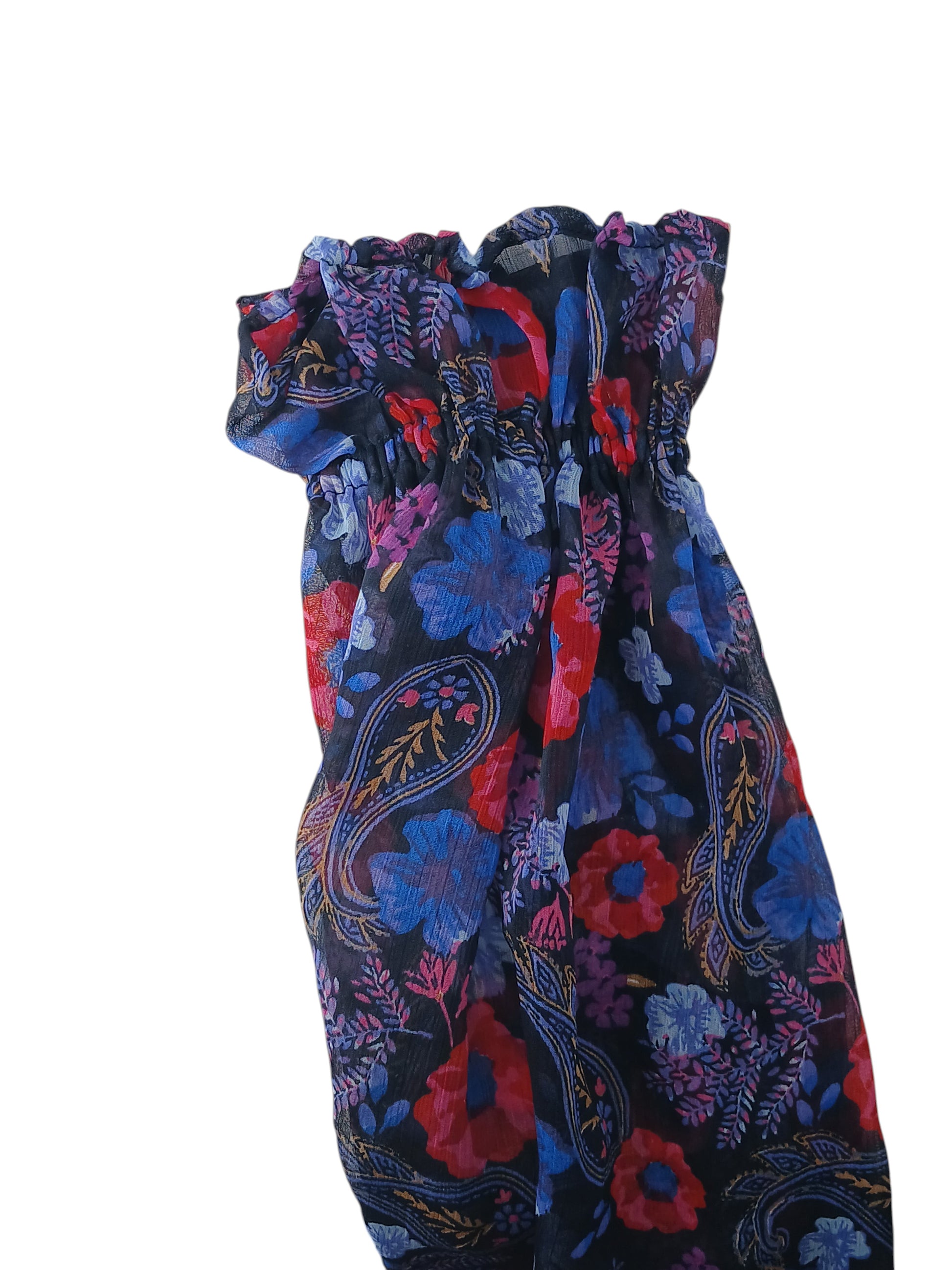 Department Store UK Mantaray floral dress featuring a vibrant blue and red paisley print on sheer fabric with a gathered neckline.