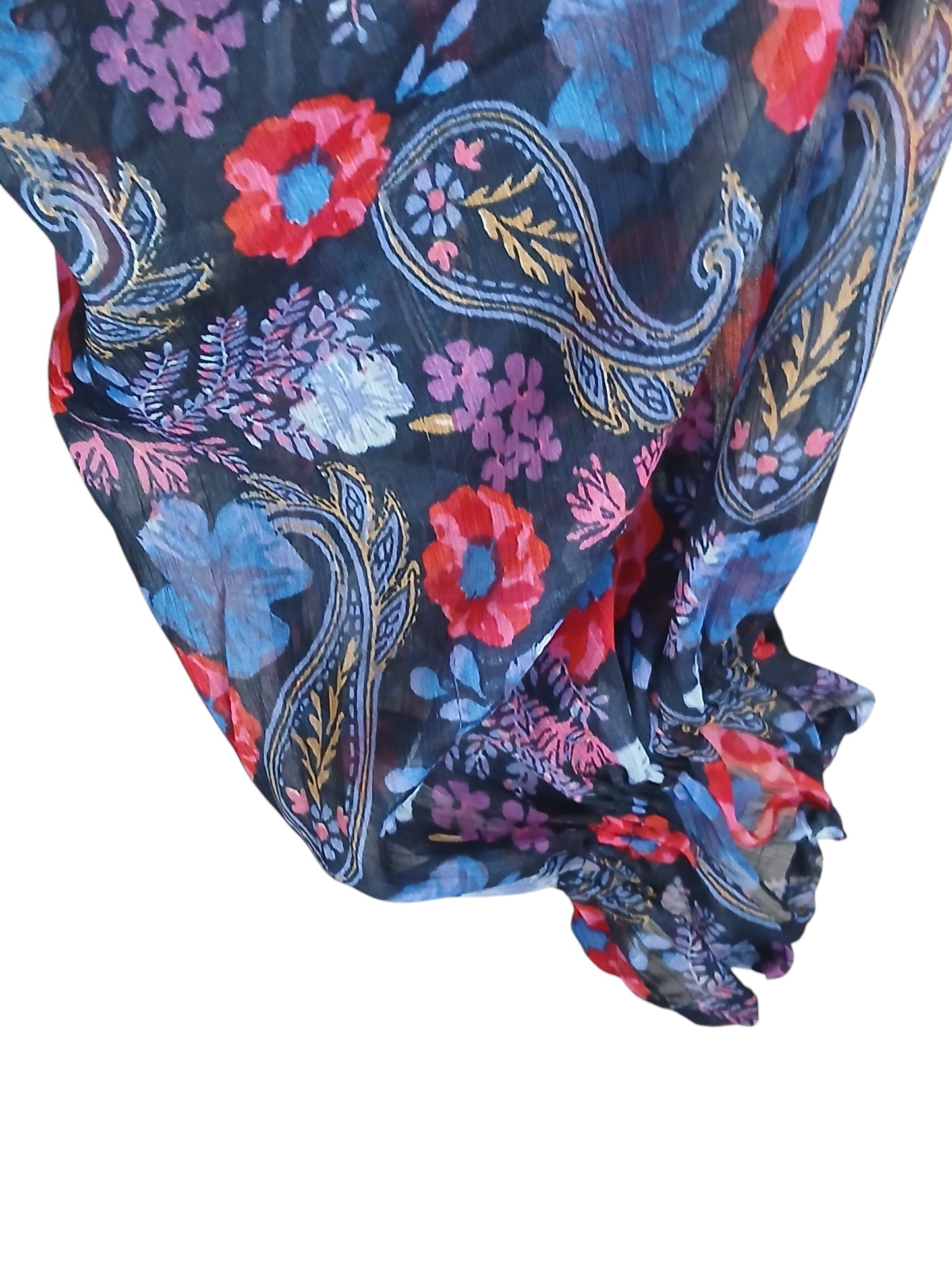 Department Store UK Mantaray floral dress featuring a vibrant paisley and flower print on a dark sheer fabric