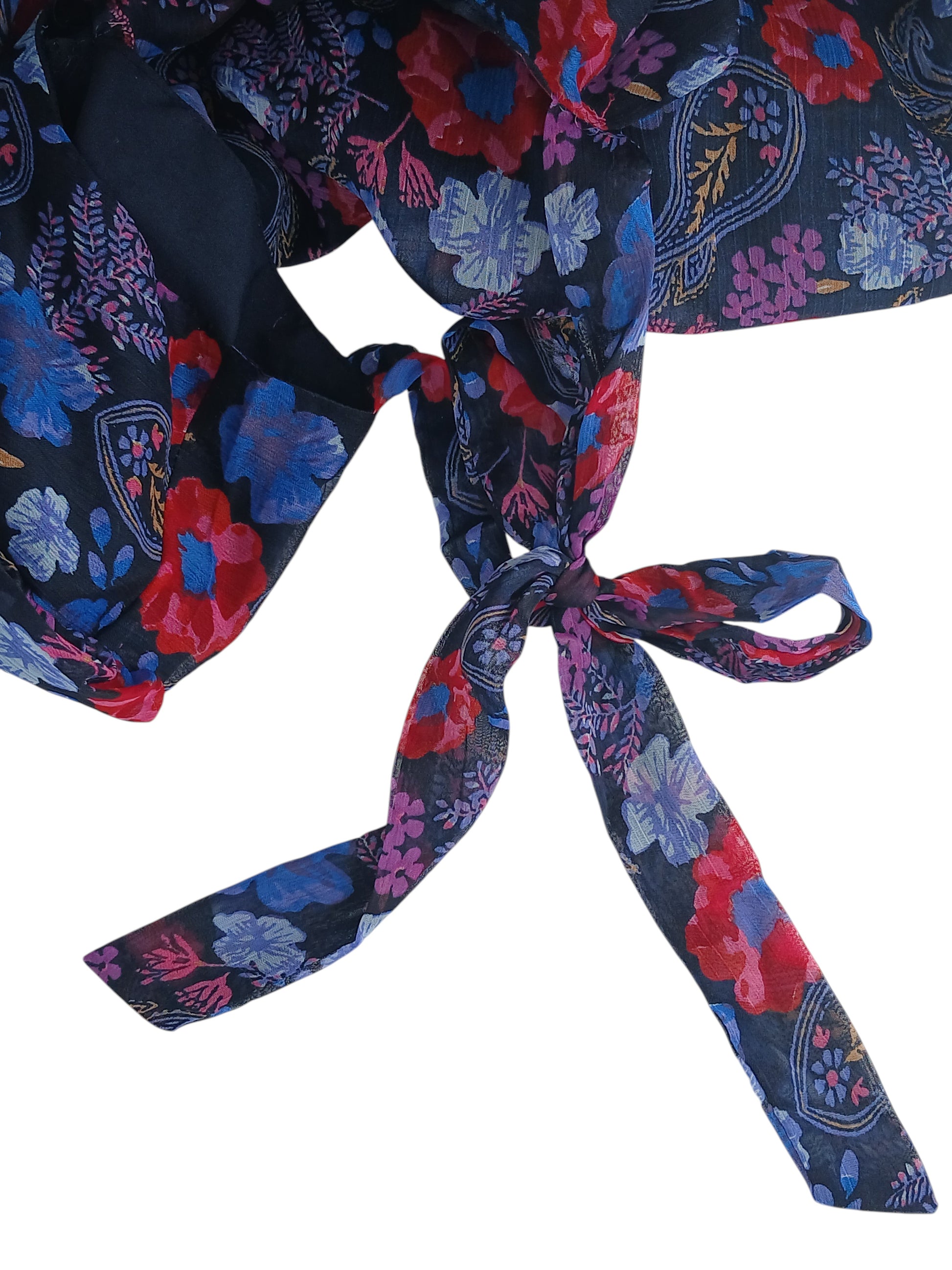 Department Store UK Mantaray floral print dress with a tie-front detail in shades of blue, red, and purple.