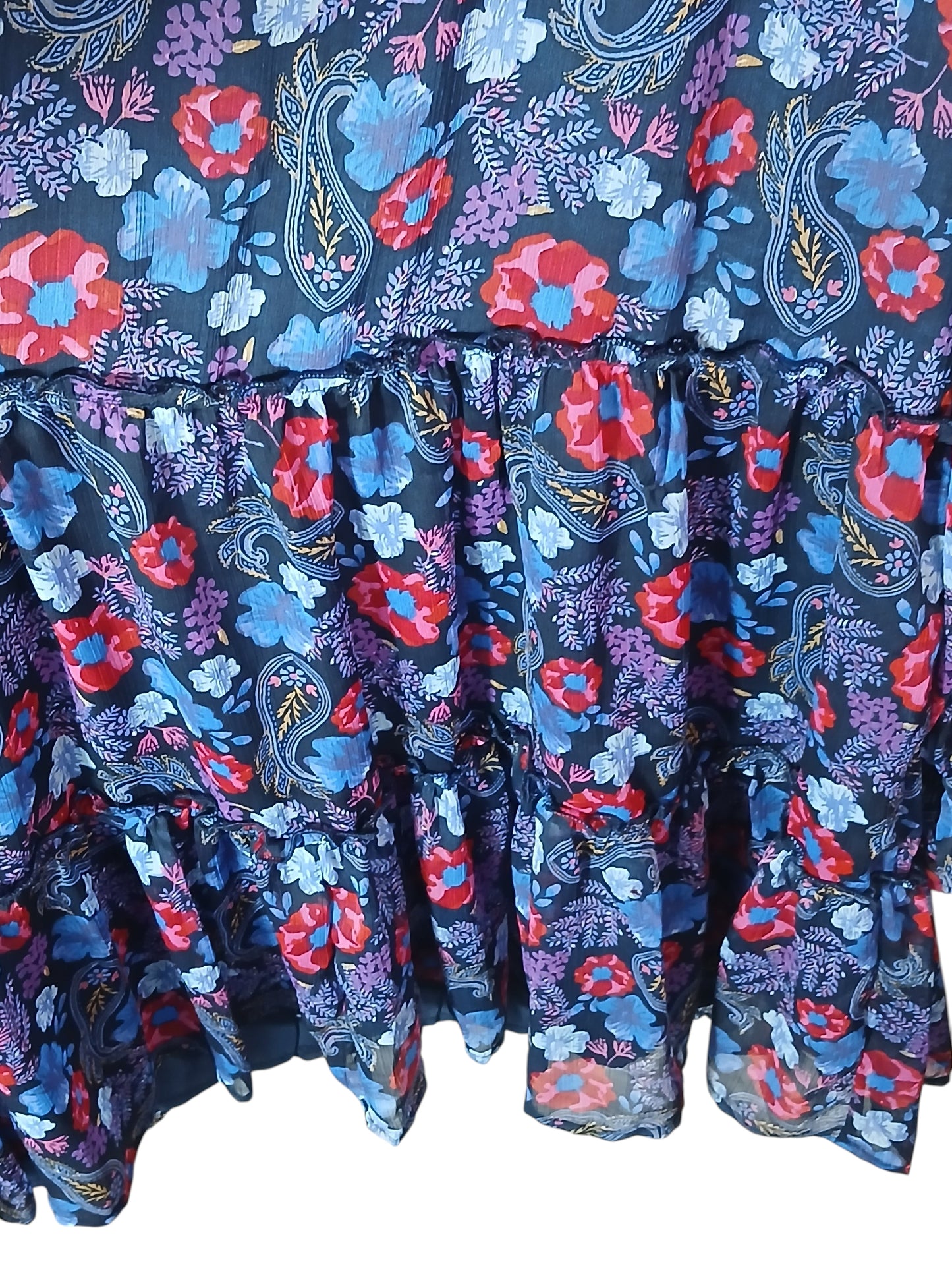 Department Store UK Mantaray floral tiered dress featuring a dark blue base with red, blue, and purple flower patterns.