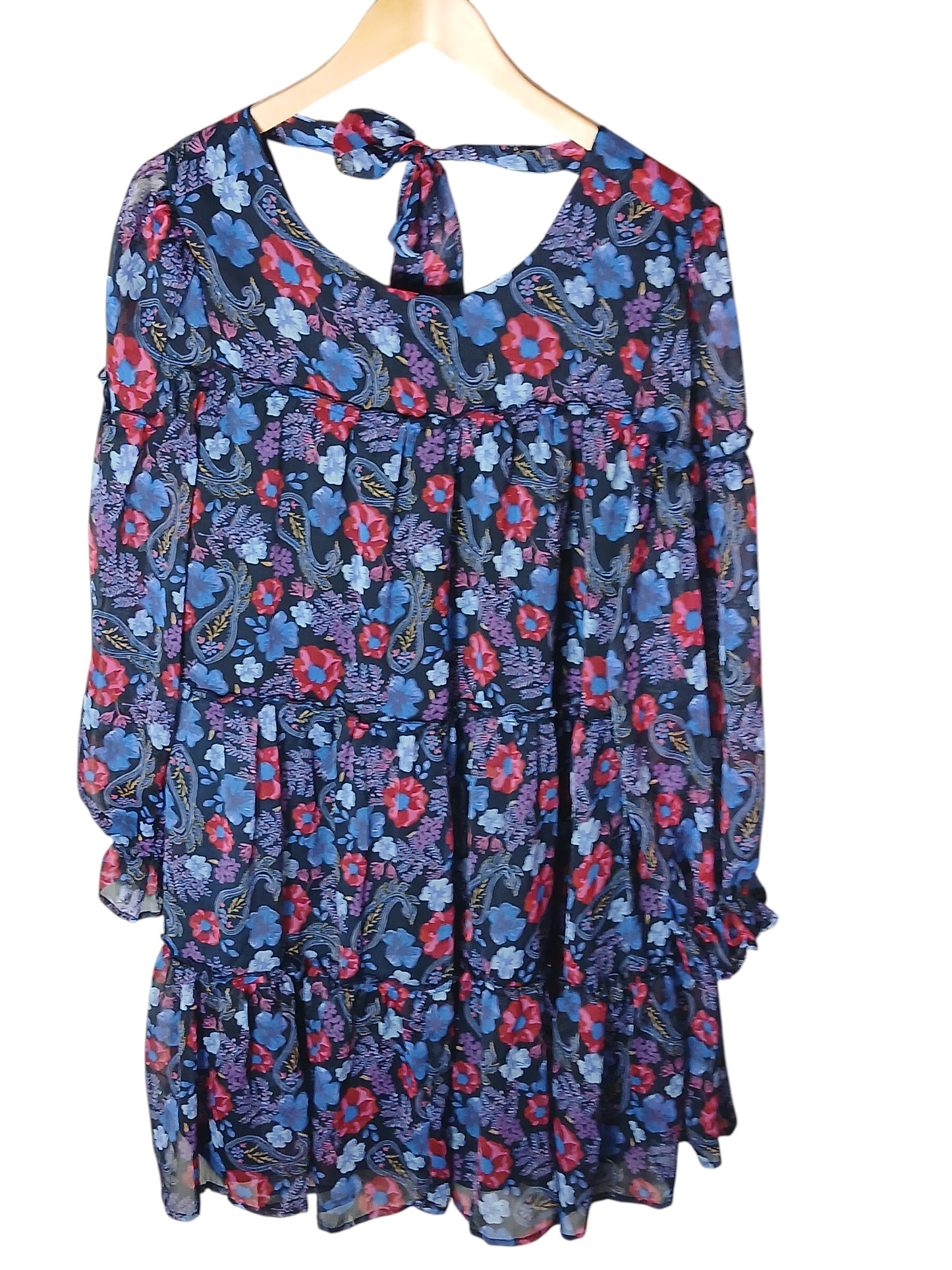 Department Store UK Mantaray floral tiered dress with long sleeves and a tie-back detail in blue, red, and purple.