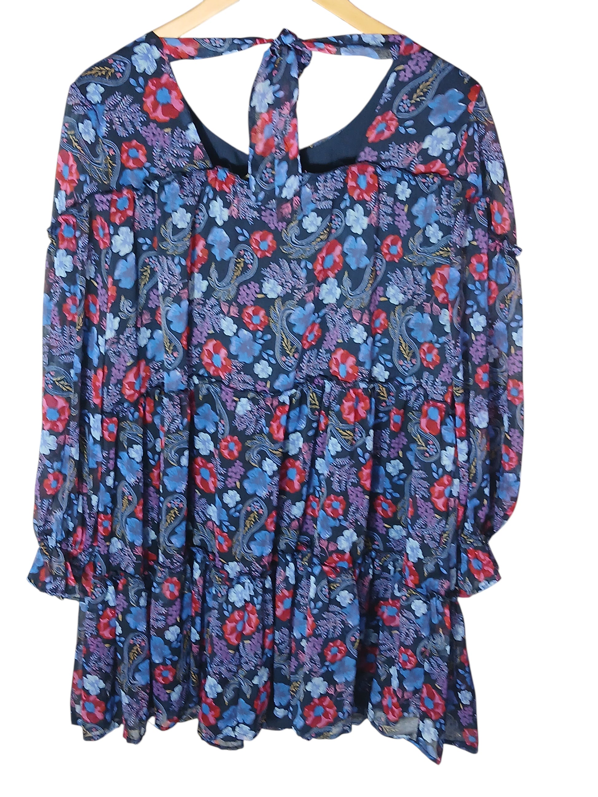 Department Store UK Mantaray floral tiered dress with long sleeves and a tie-back detail in blue, red, and purple.