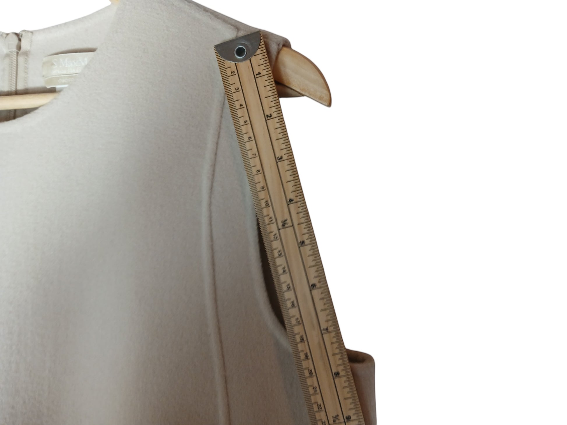 Department Store UK 'S Max Mara beige pure wool sleeveless dress with a wooden ruler measuring the shoulder seam